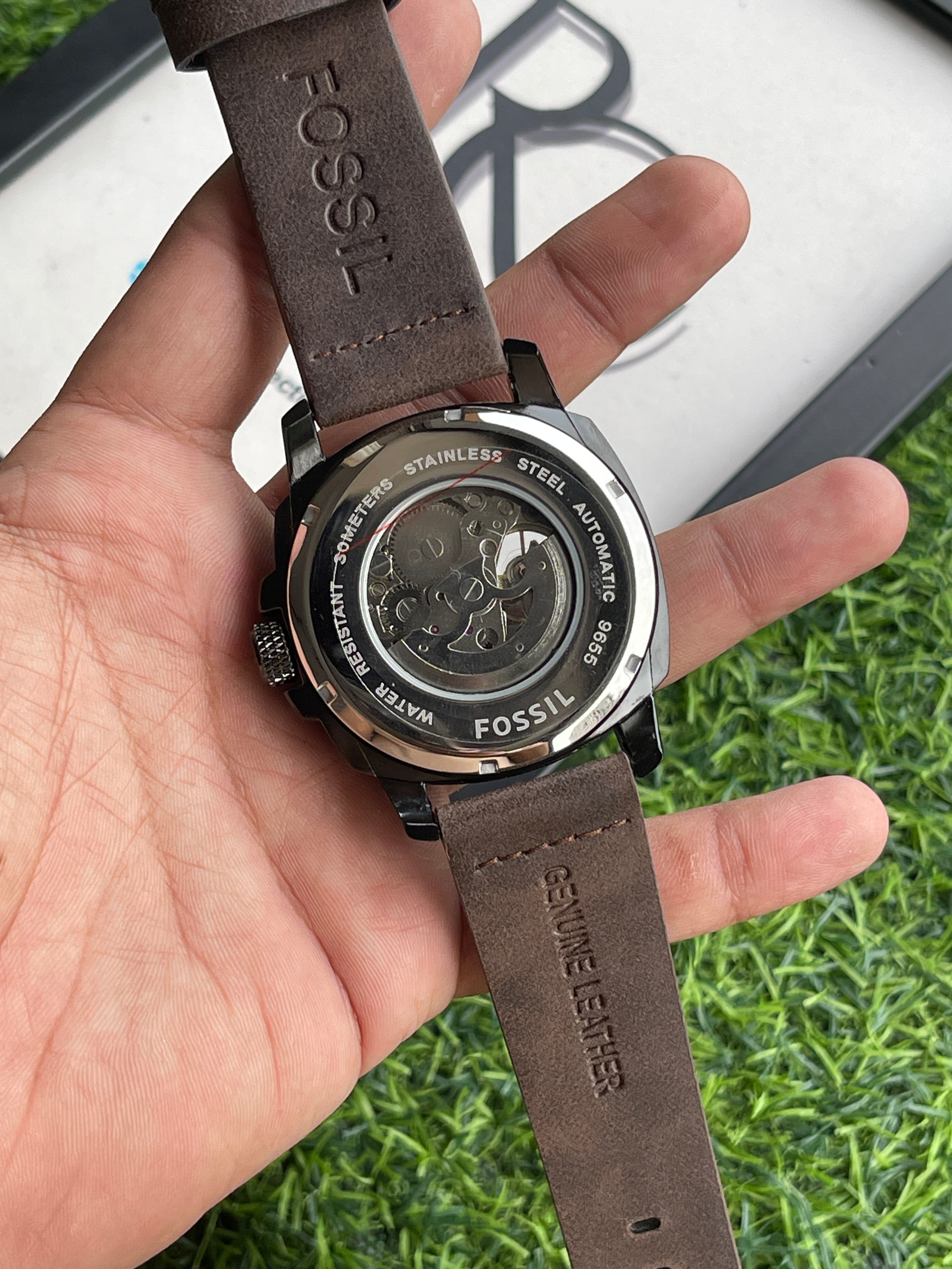 RC Fossiil Skeleton Automatic Watch Combo – Black Metal Chain & Brown Leather Strap