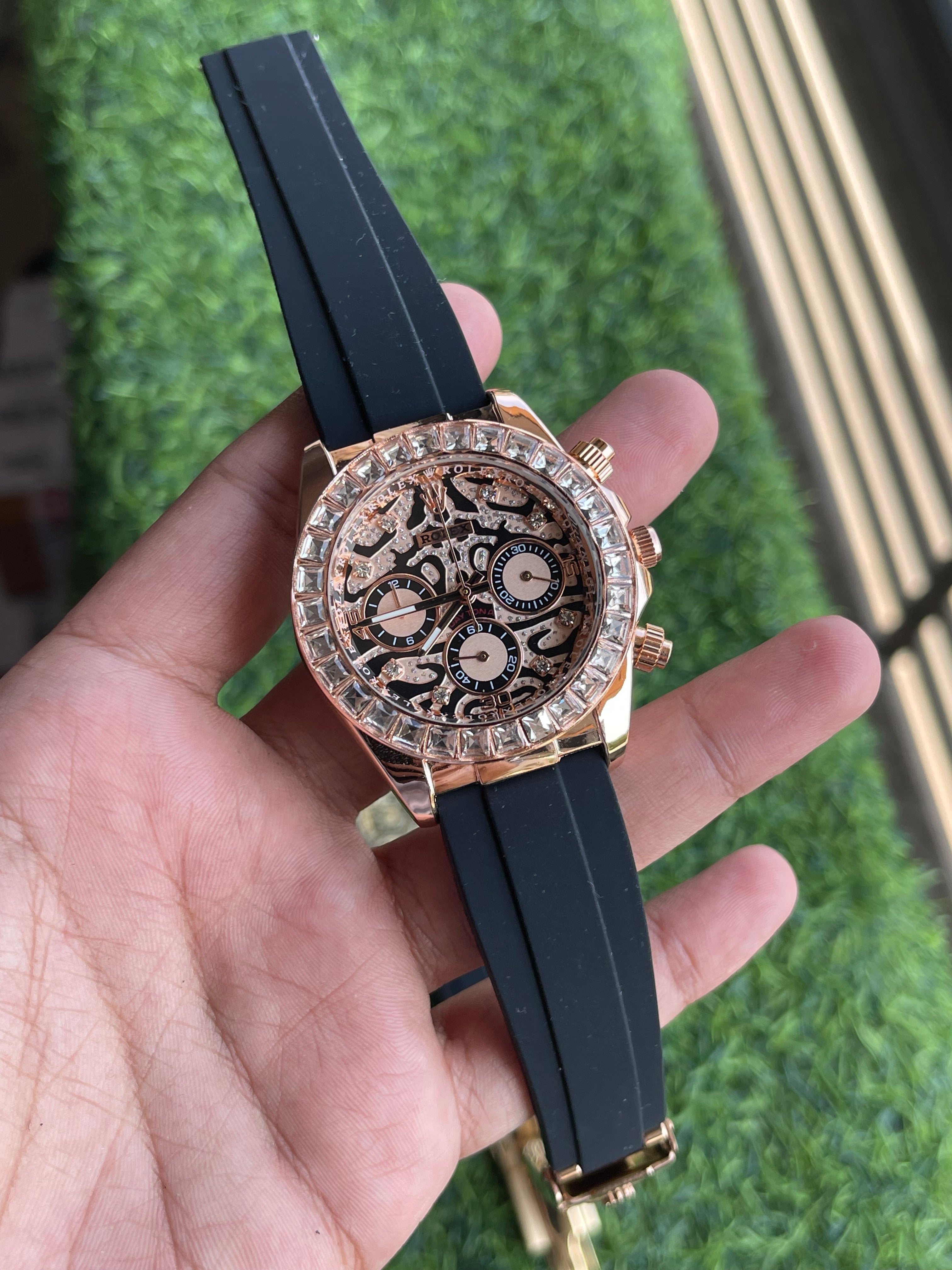 RC RLX Tiger Edition Rose Gold Crystal Chronograph – Luxury Black Strap