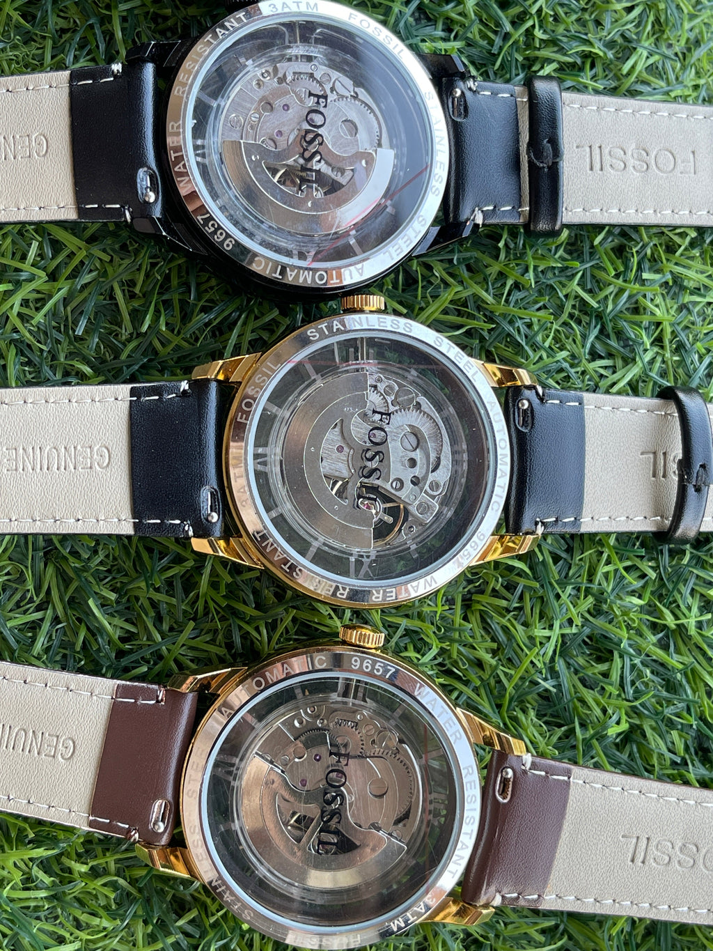 RC Fossiil Skeleton Automatic Watch – Silver Case with Black Leather Strap