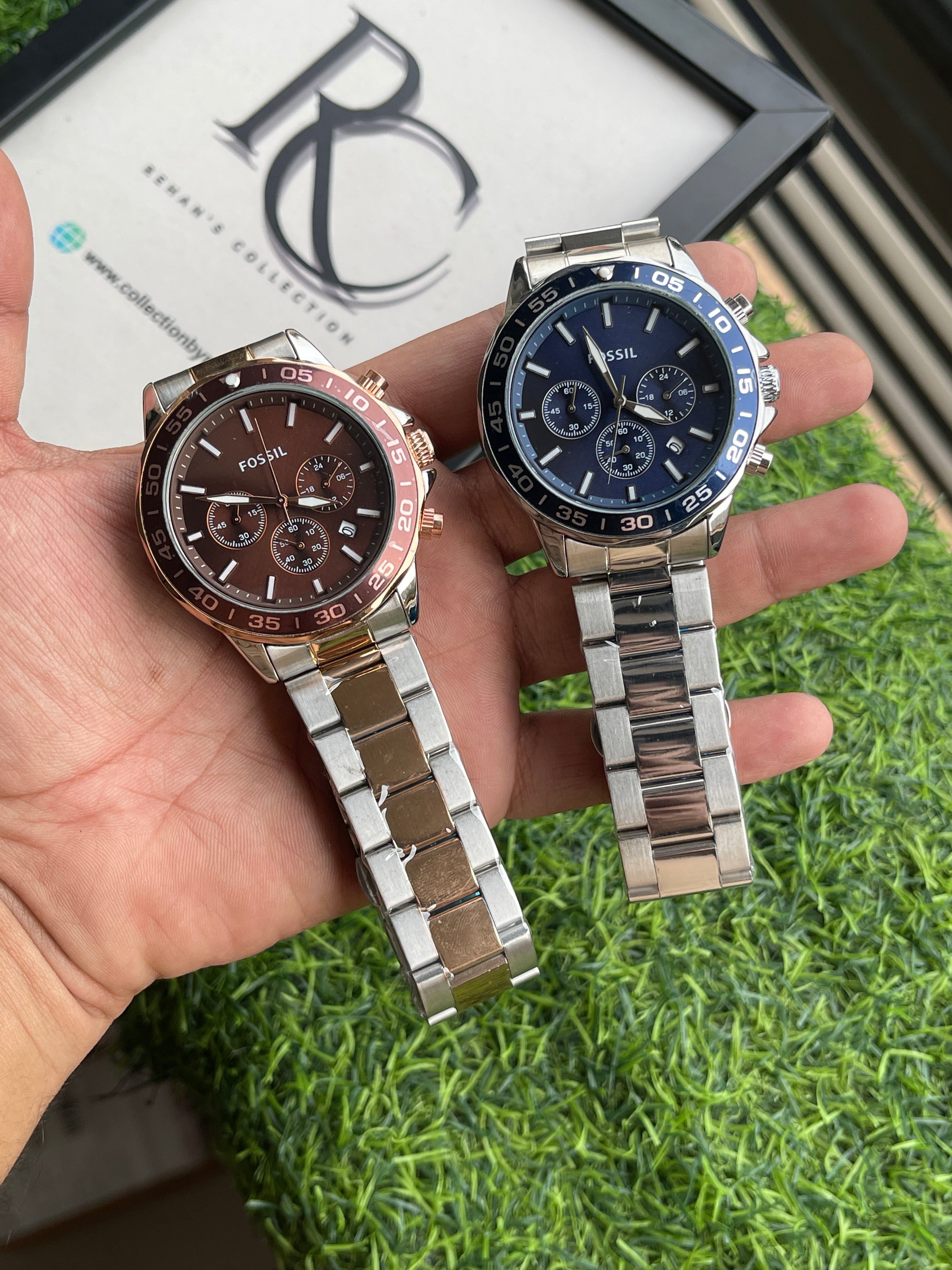 RC Fossiil Brown Dial Chronograph Watch with Rose-Gold & Silver Two-Tone Chain