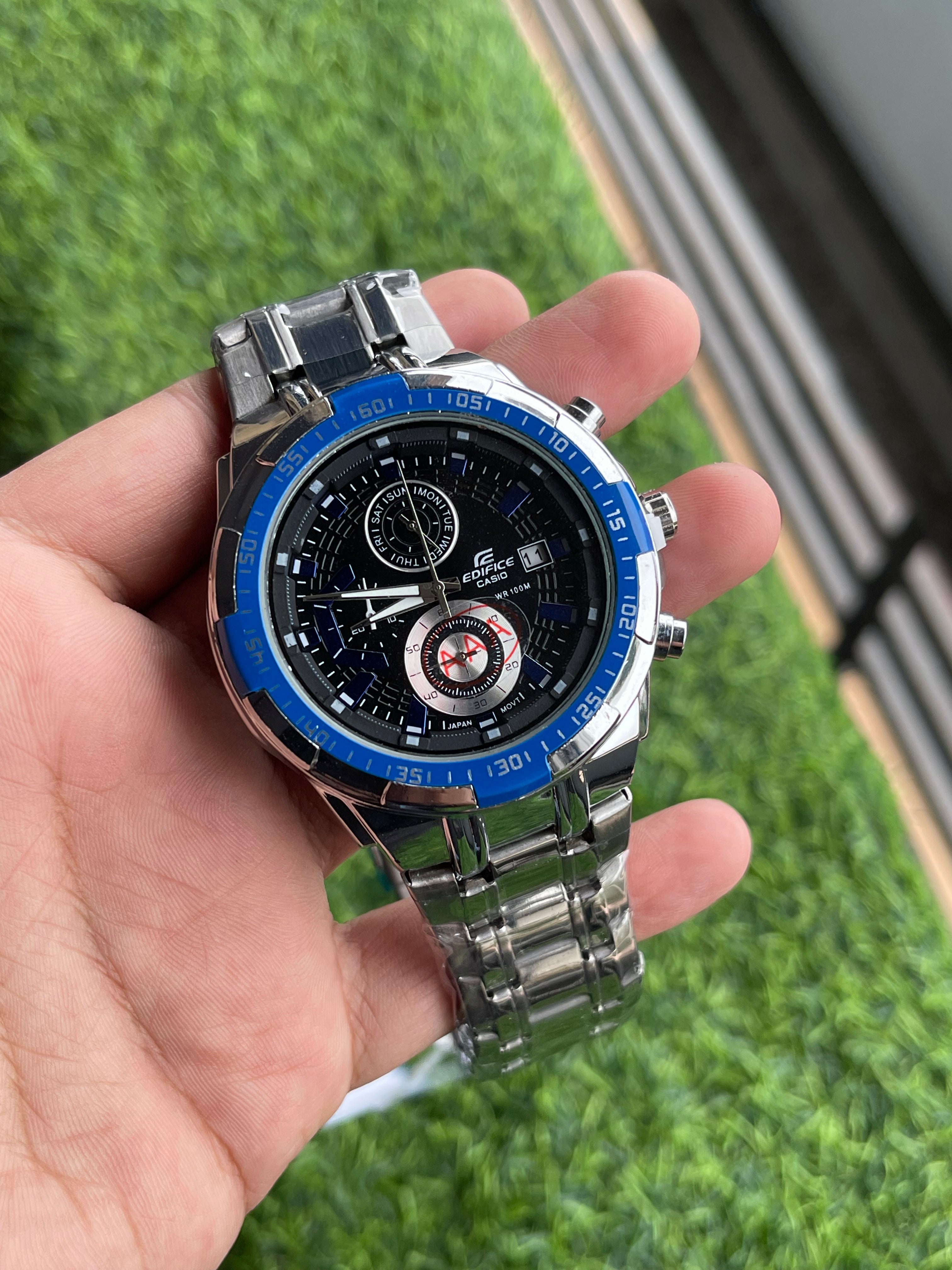RC Casiio Edific Stainless Steel Watch with Blue Bezel