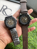 RC Fossiil Skeleton Automatic Watch Combo – Black Metal Chain & Brown Leather Strap
