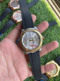RC RLX Sky-Dweller–Style Silver Dial Quartz Watch with Gold Fluted Bezel