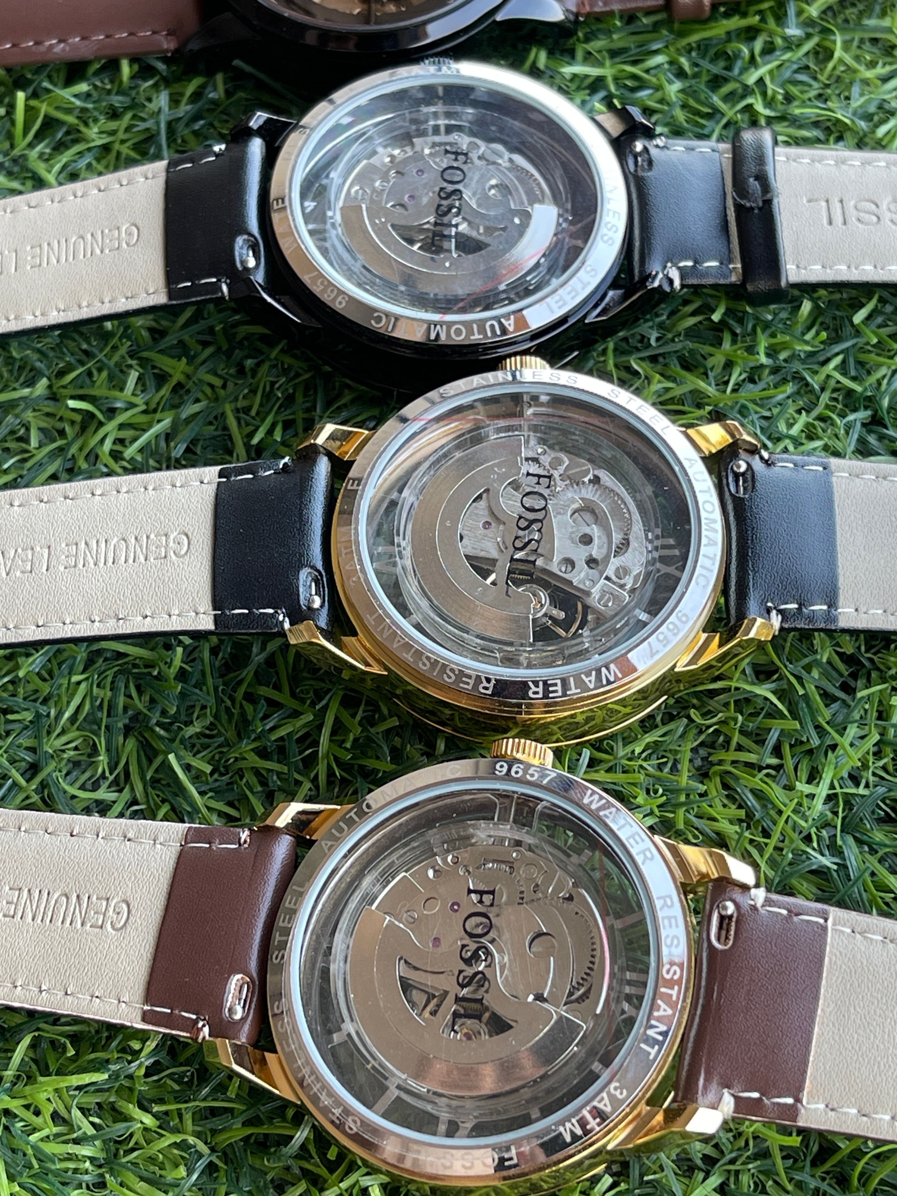 RC Fossiil Skeleton Automatic Watch – Gold Case with Black Leather Strap