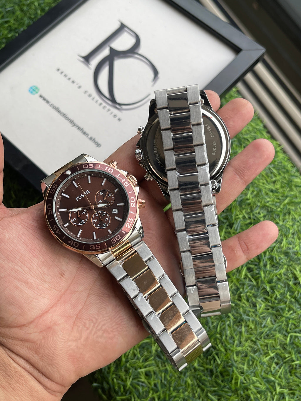 RC Fossiil Blue Dial Chronograph Watch with Silver Stainless Steel Chain