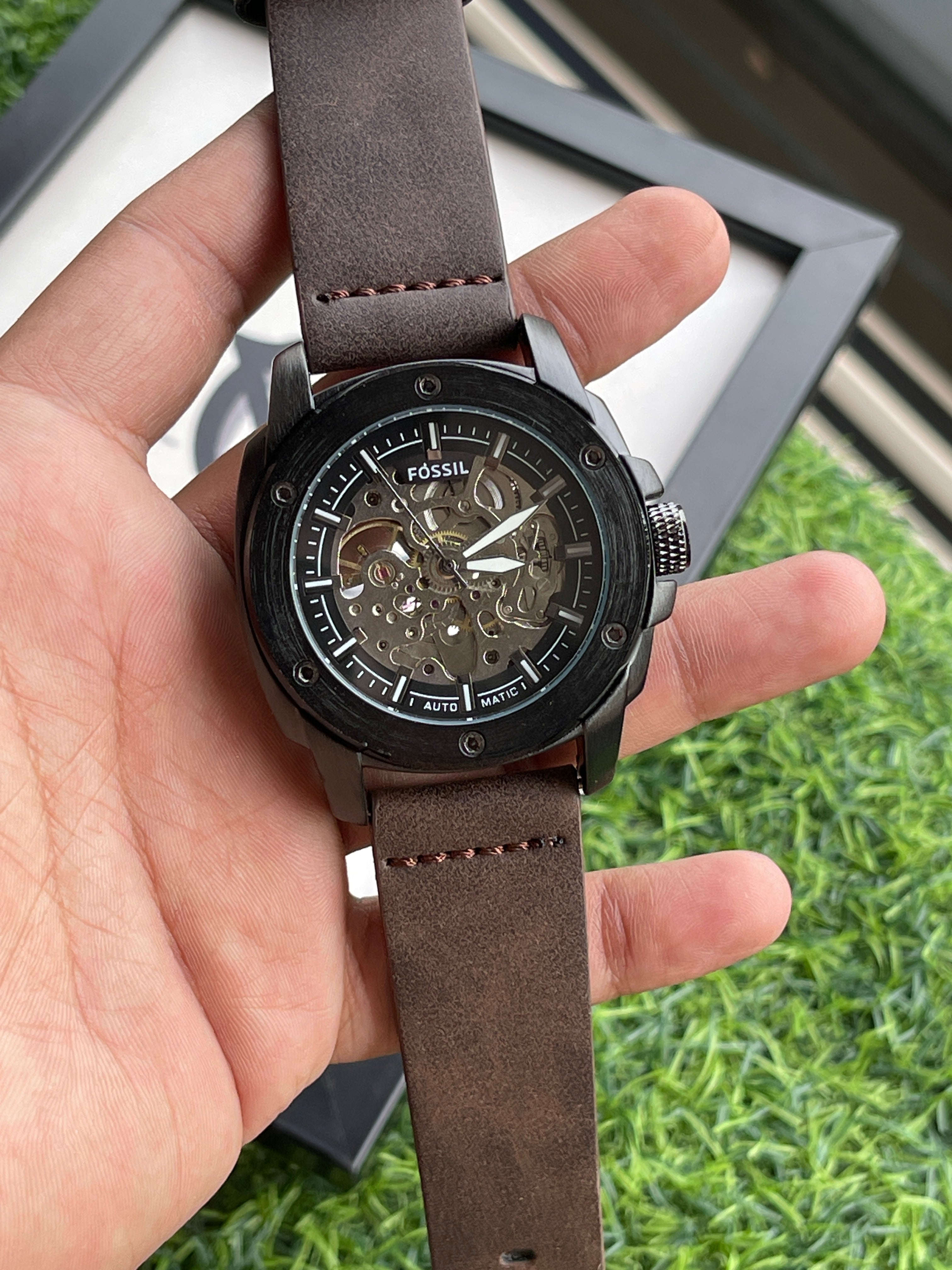 RC Fossiil Black Skeleton Automatic Watch with Brown Leather Strap