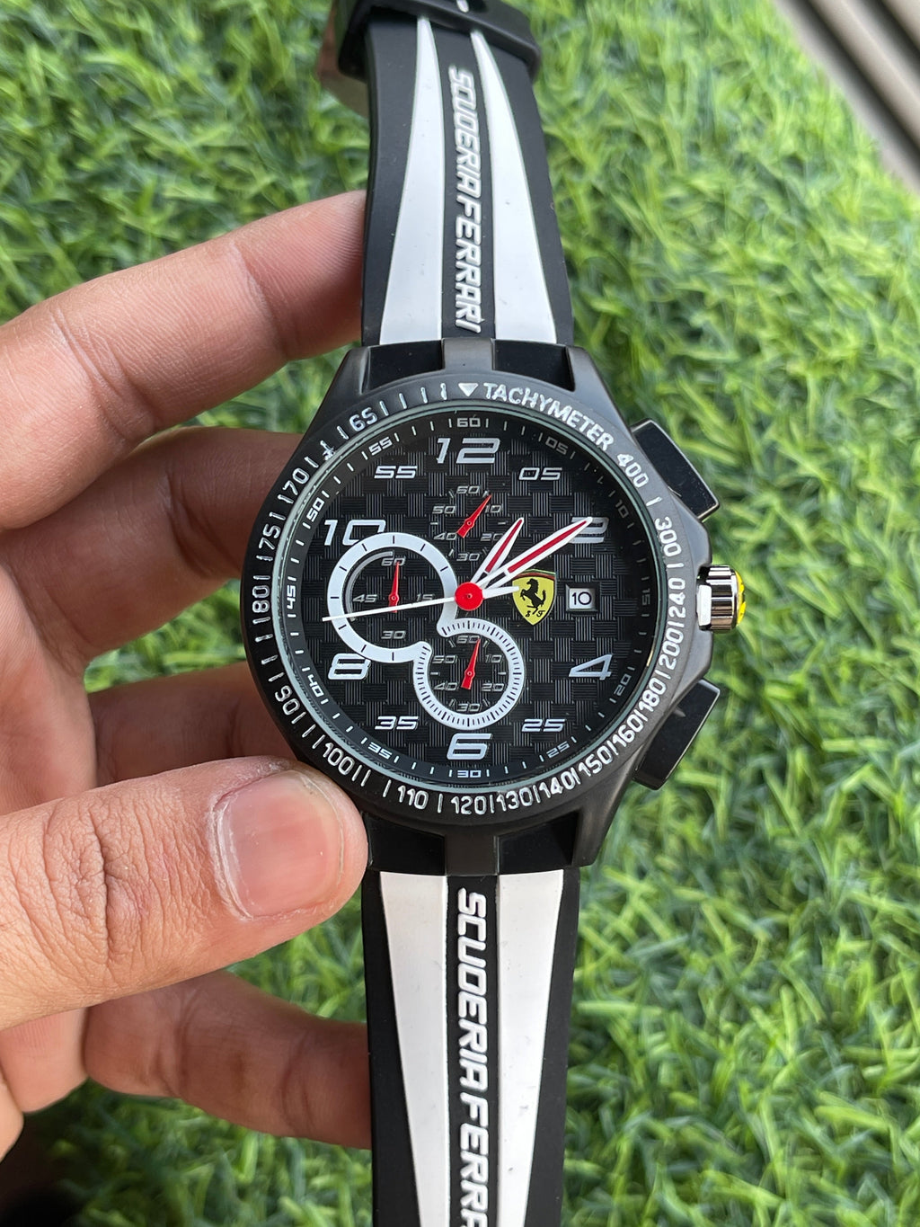 RC Ferrarii Sport Chronograph Style Watch – Black & White Racing Strap