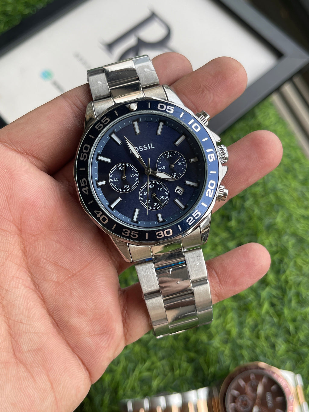 RC Fossiil Blue Dial Chronograph Watch with Silver Stainless Steel Chain