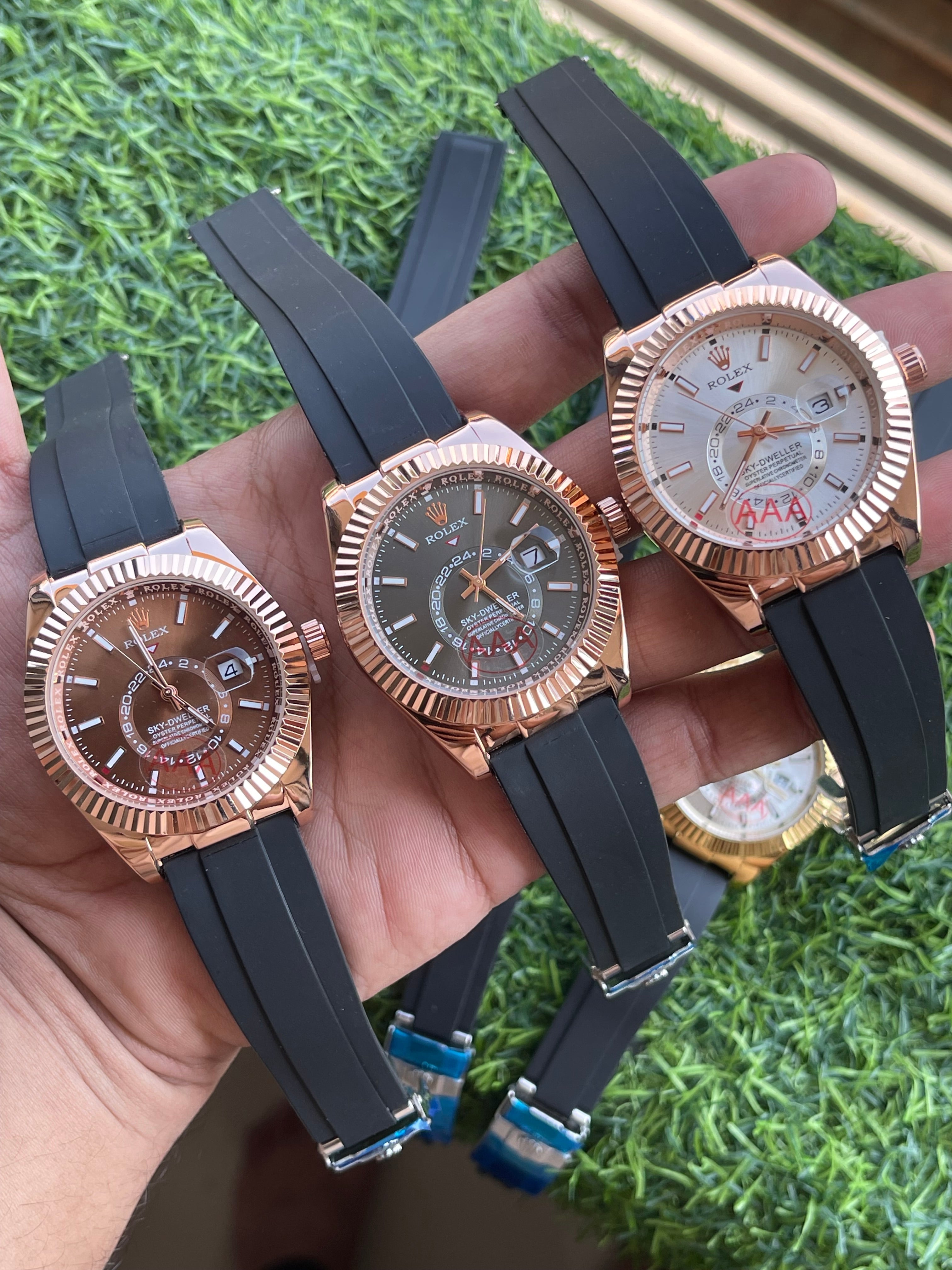 RC RLX Sky-Dweller–Style Brown Dial Quartz Watch with Rose-Gold Fluted Bezel