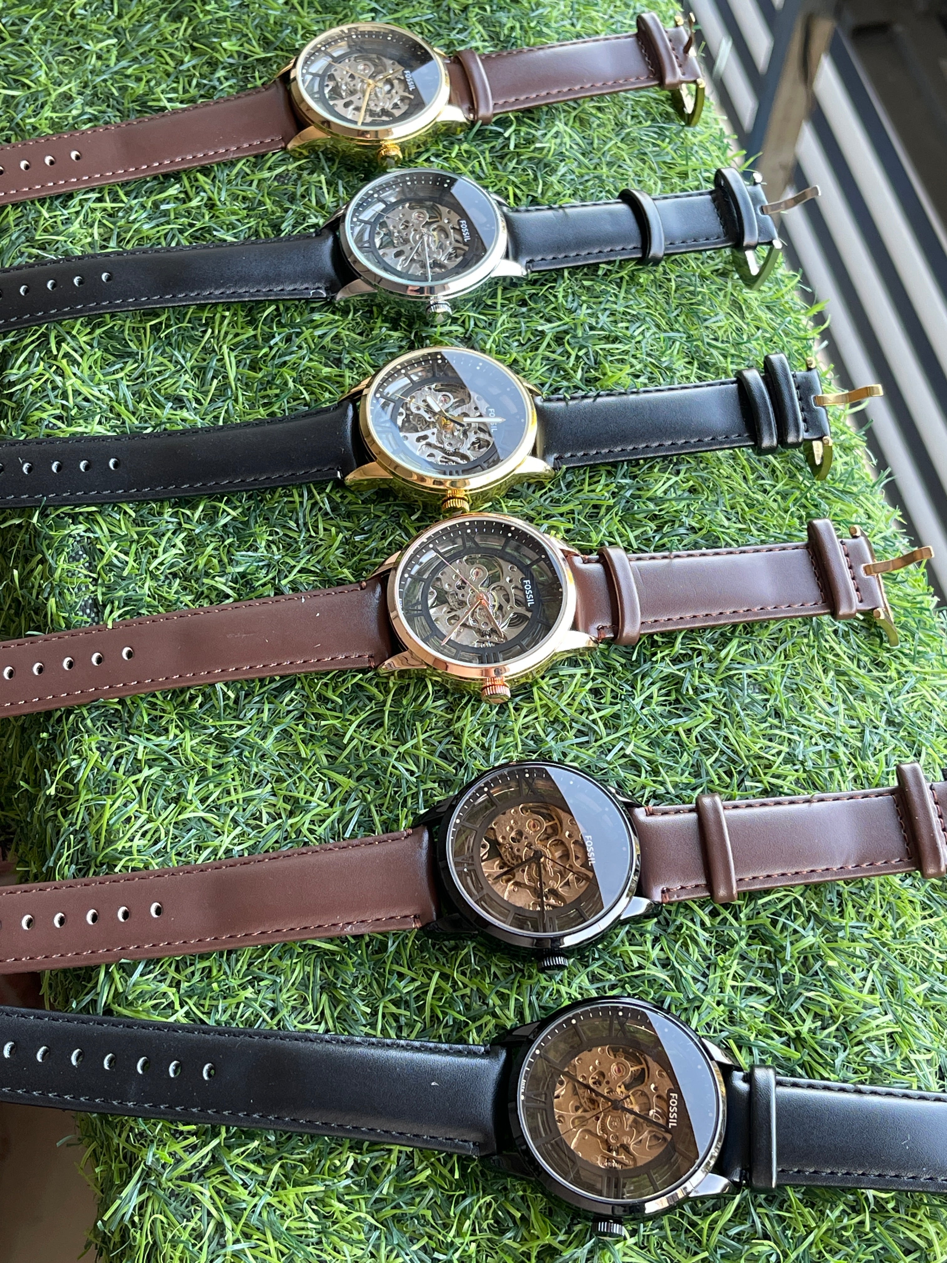 RC Fossiil Skeleton Automatic Watch – Black Case with Black Leather Strap