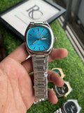 RC Omegaa Blue Dial Quartz Watch with Silver Stainless Steel Chain