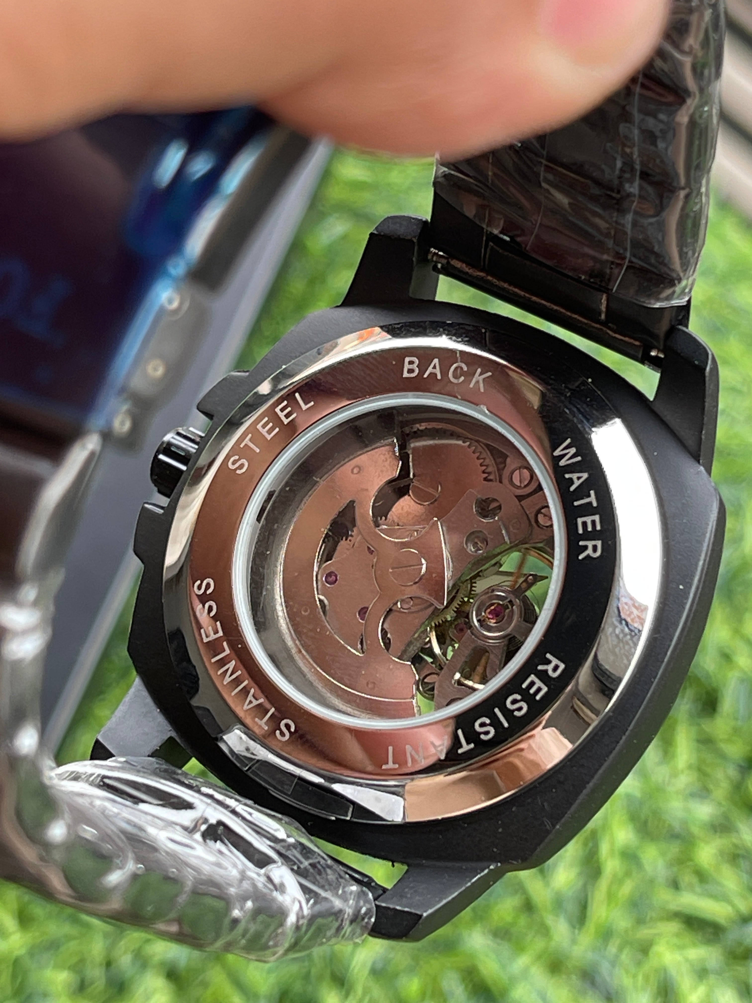 RC Fossiil Black Skeleton Automatic Watch with Black Metal Chain