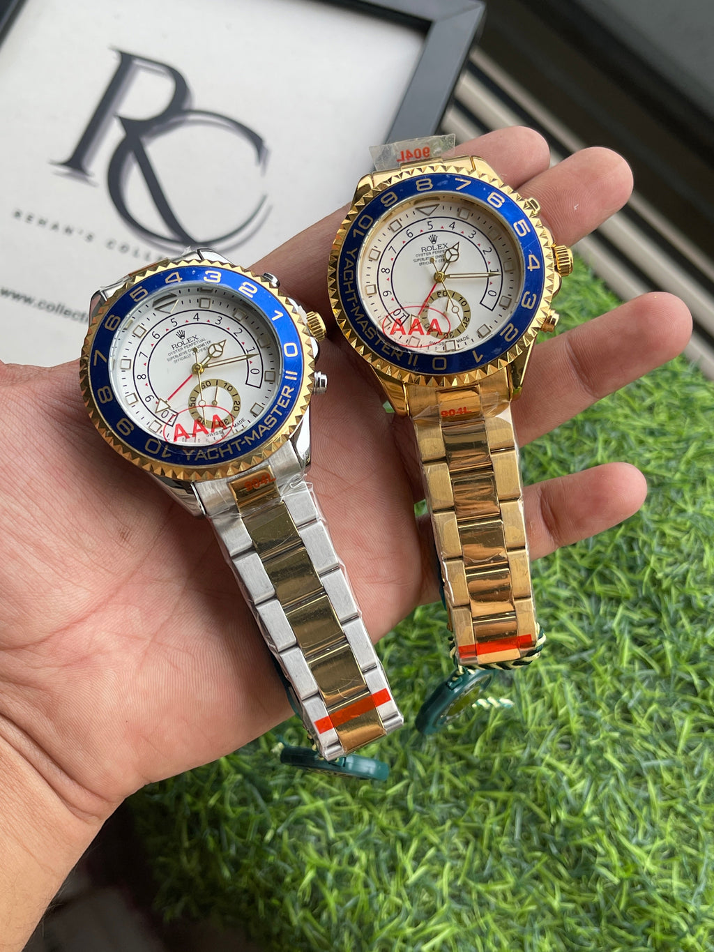 RC RLX Yacht-Master II – Gold & Blue Chronograph Watch (sahil khan edition)