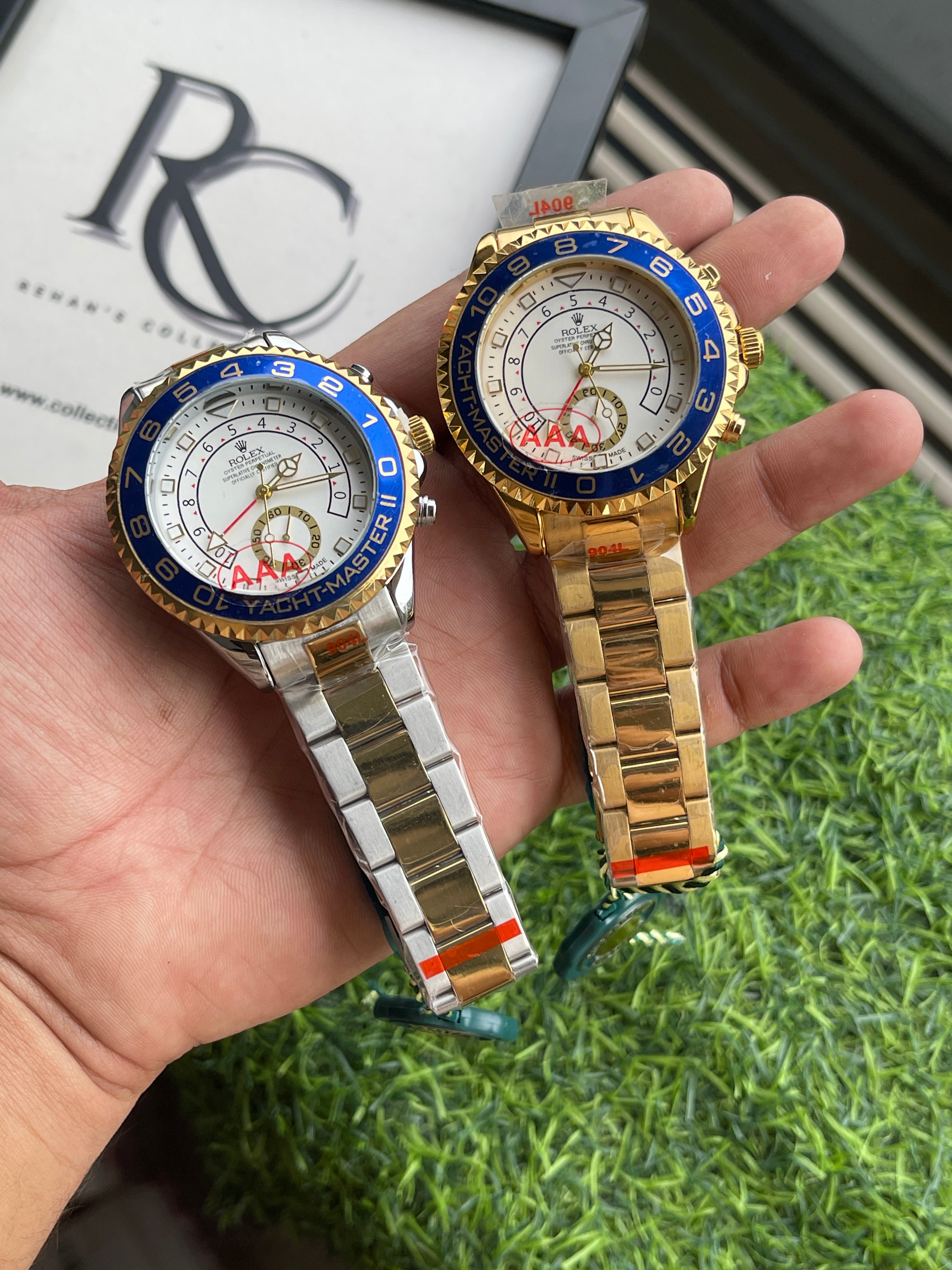 RC RLX Yacht-Master II – Gold & Blue Chronograph Watch (sahil khan edition)
