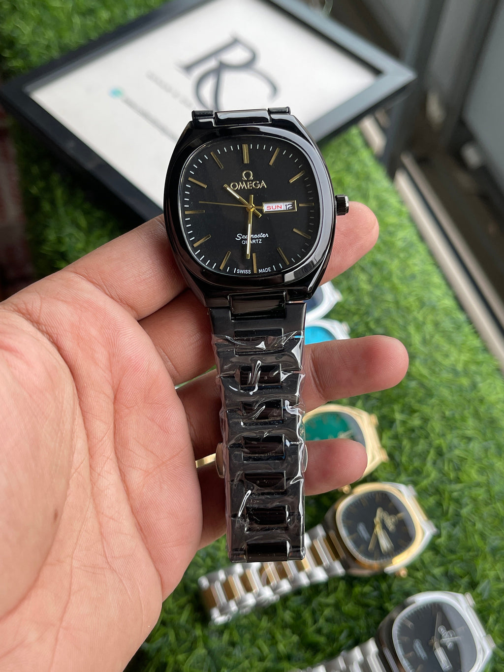 RC Omegaa Black Dial Quartz Watch with Black Stainless Steel Chain
