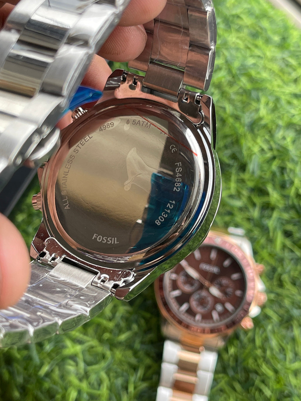 RC Fossiil Blue Dial Chronograph Watch with Silver Stainless Steel Chain
