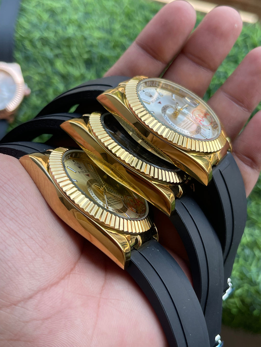 RC RLX Sky-Dweller Style Men’s Watch – Gold Case with Black Rubber Strap