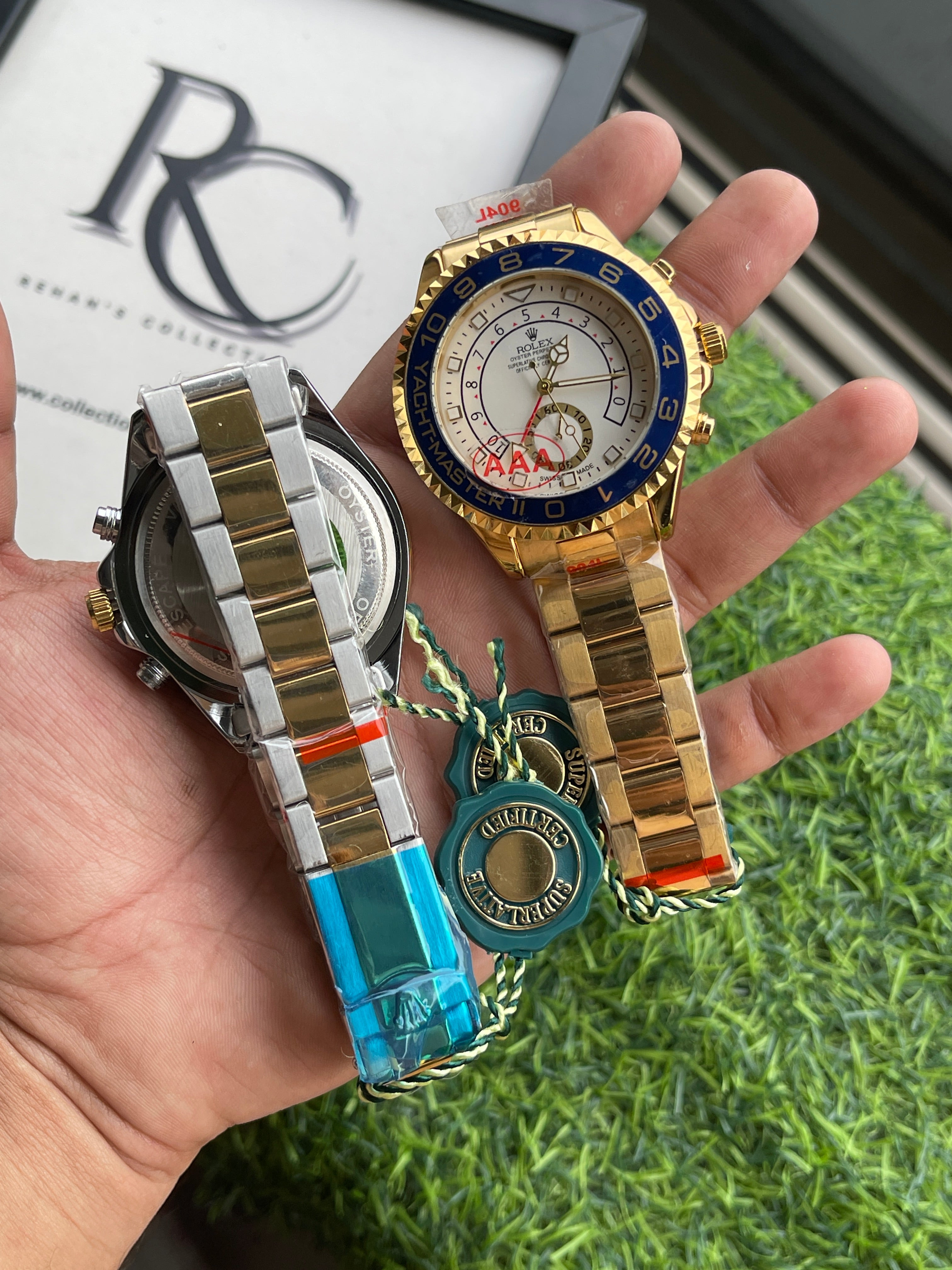 RC RLX Yacht-Master II – Gold & Blue Chronograph Watch (sahil khan edition)