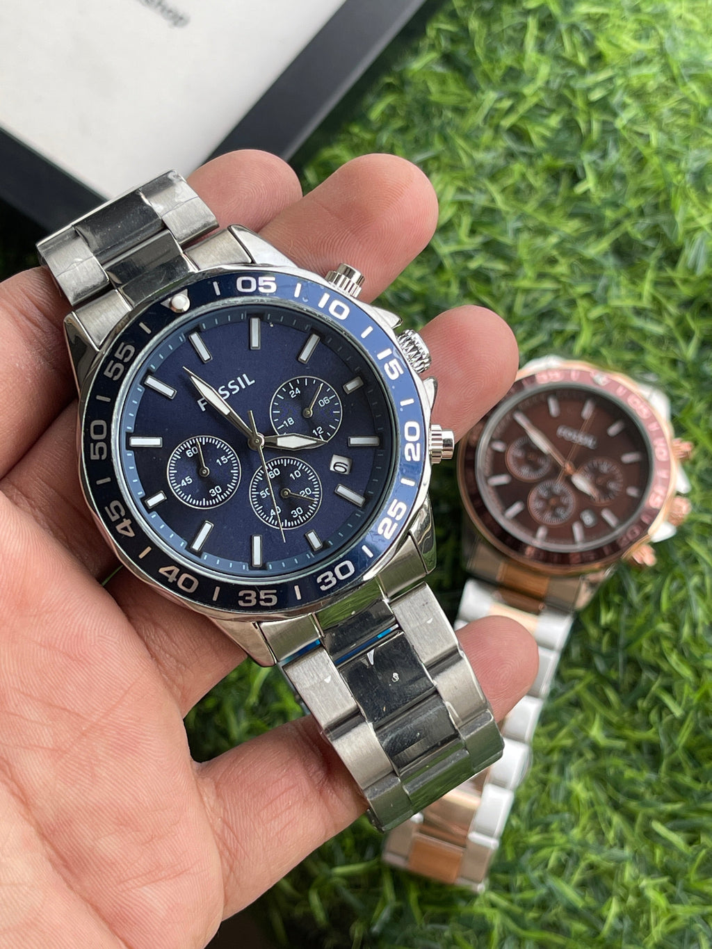 RC Fossiil Blue Dial Chronograph Watch with Silver Stainless Steel Chain
