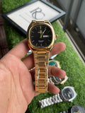 RC Omegaa Black Dial Quartz Watch with Gold Stainless Steel Chain