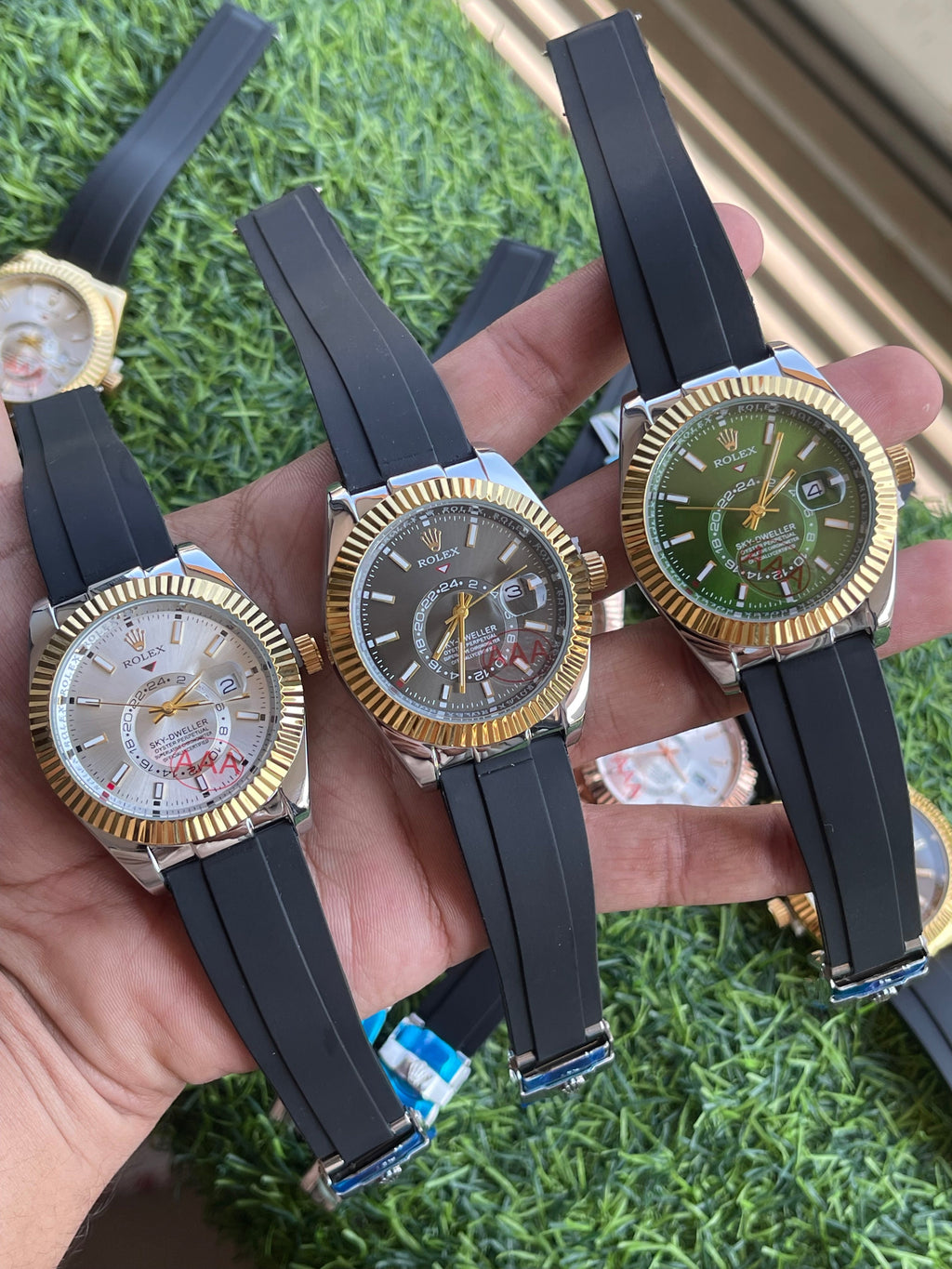 RC RLX Sky-Dweller–Style Green Dial Quartz Watch with Gold Fluted Bezel