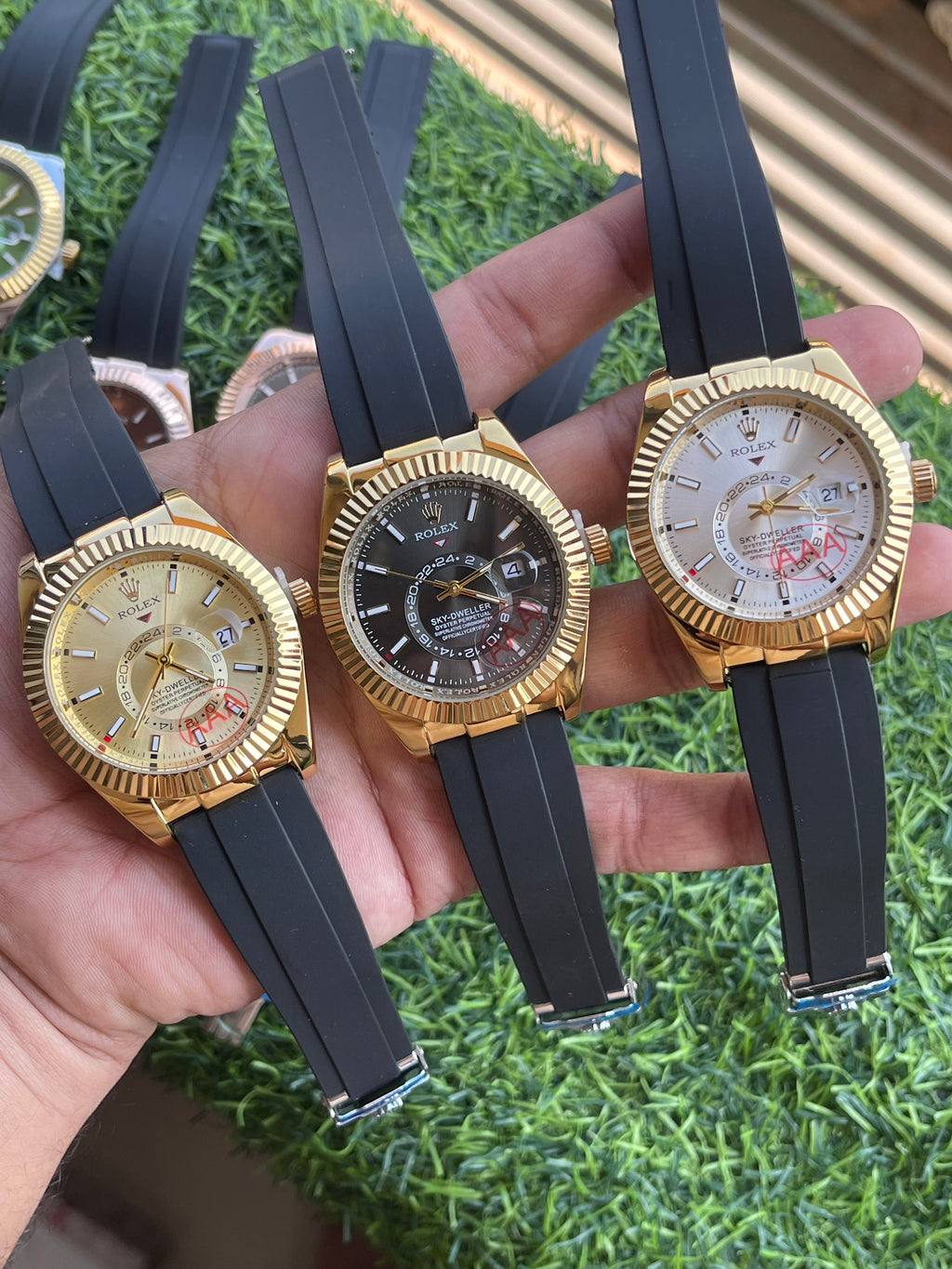 RC RLX Sky-Dweller Style Men’s Watch – Gold Finish with White Dial & Black Rubber Strap