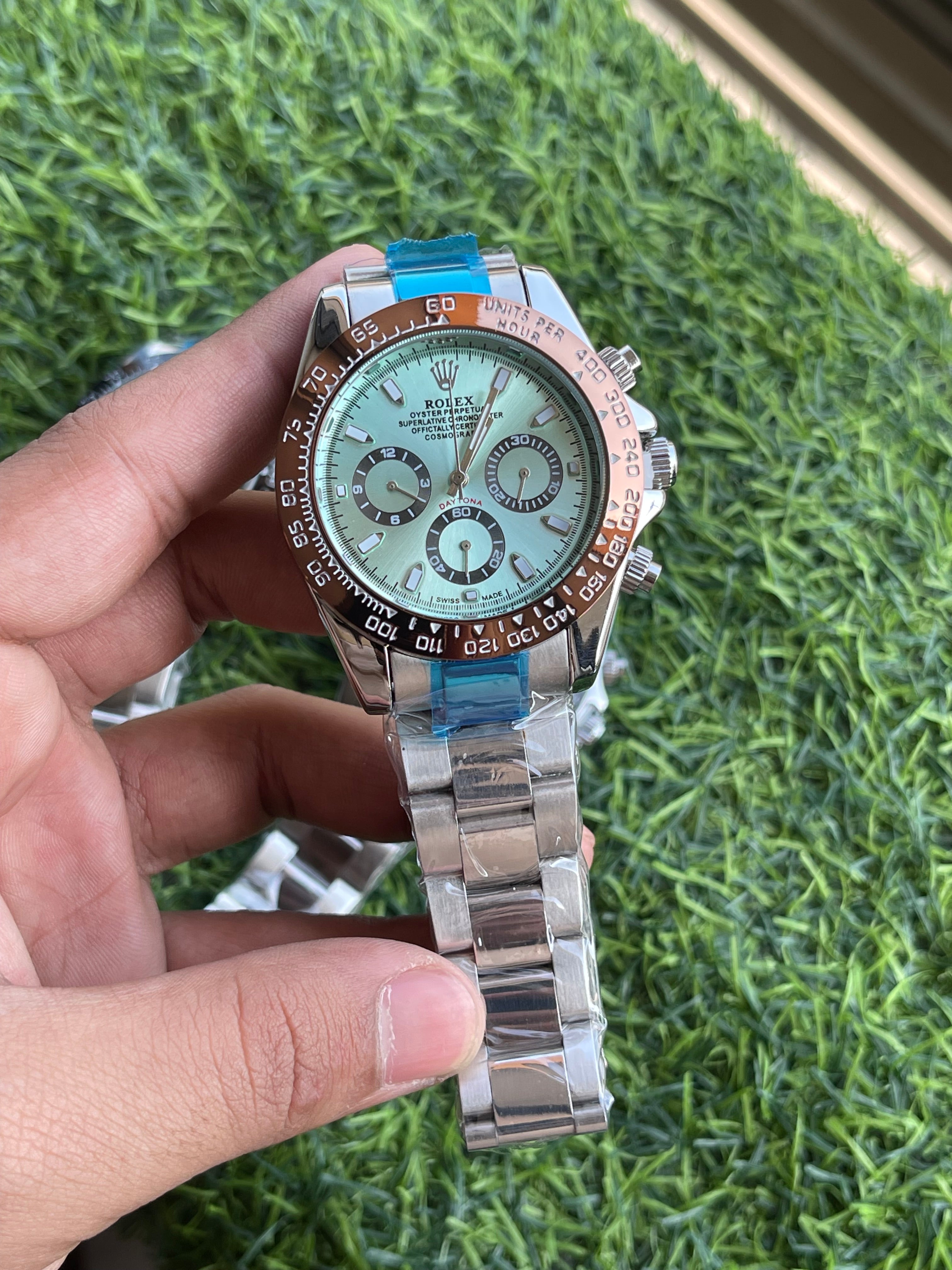 RC RLX Luxury Chronograph Stainless Steel Watch – Ice Blue Dial with Rose Gold Bezel (Daytona-Style)