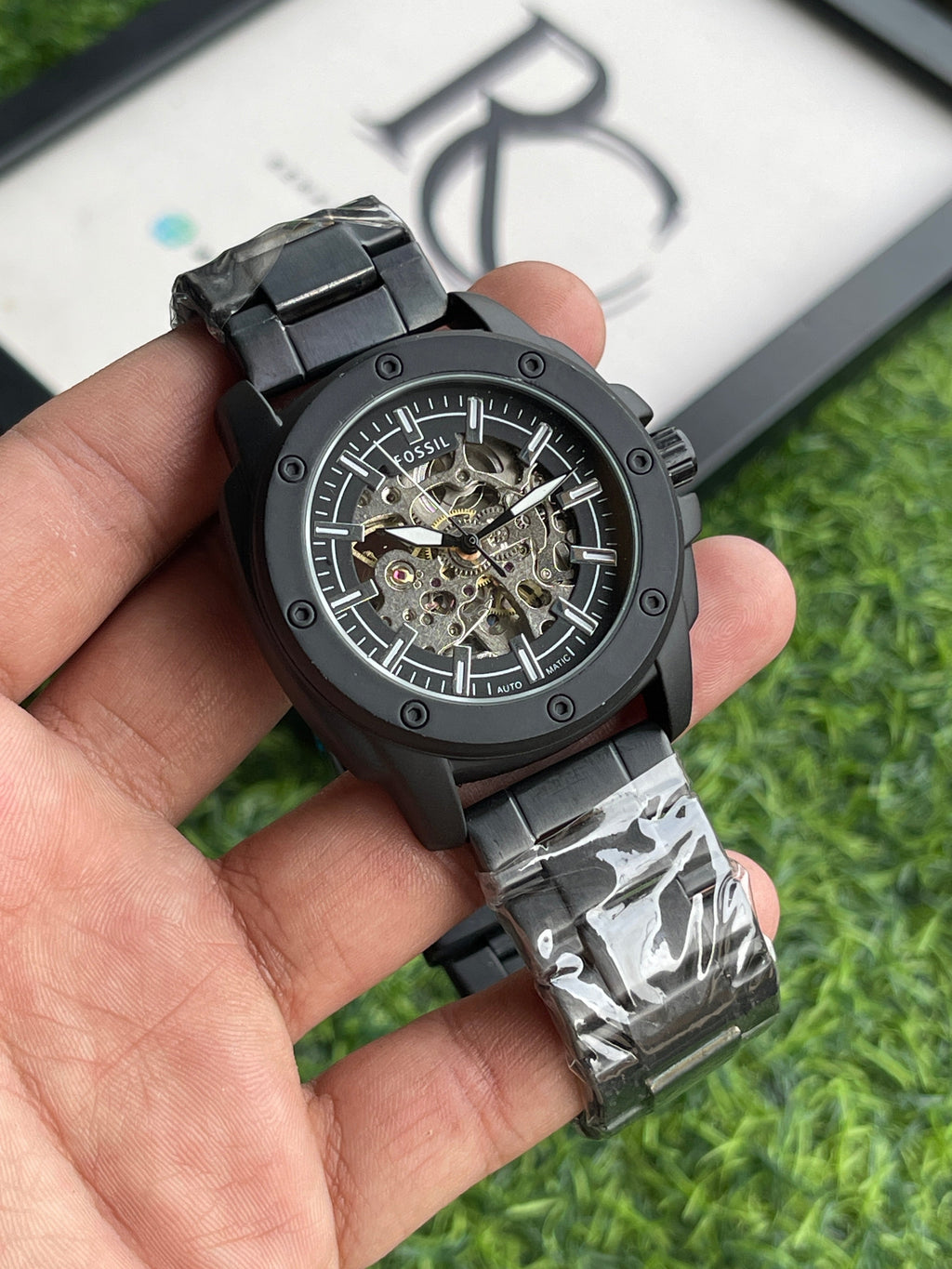 RC Fossiil Skeleton Automatic Watch Combo – Black Metal Chain & Brown Leather Strap
