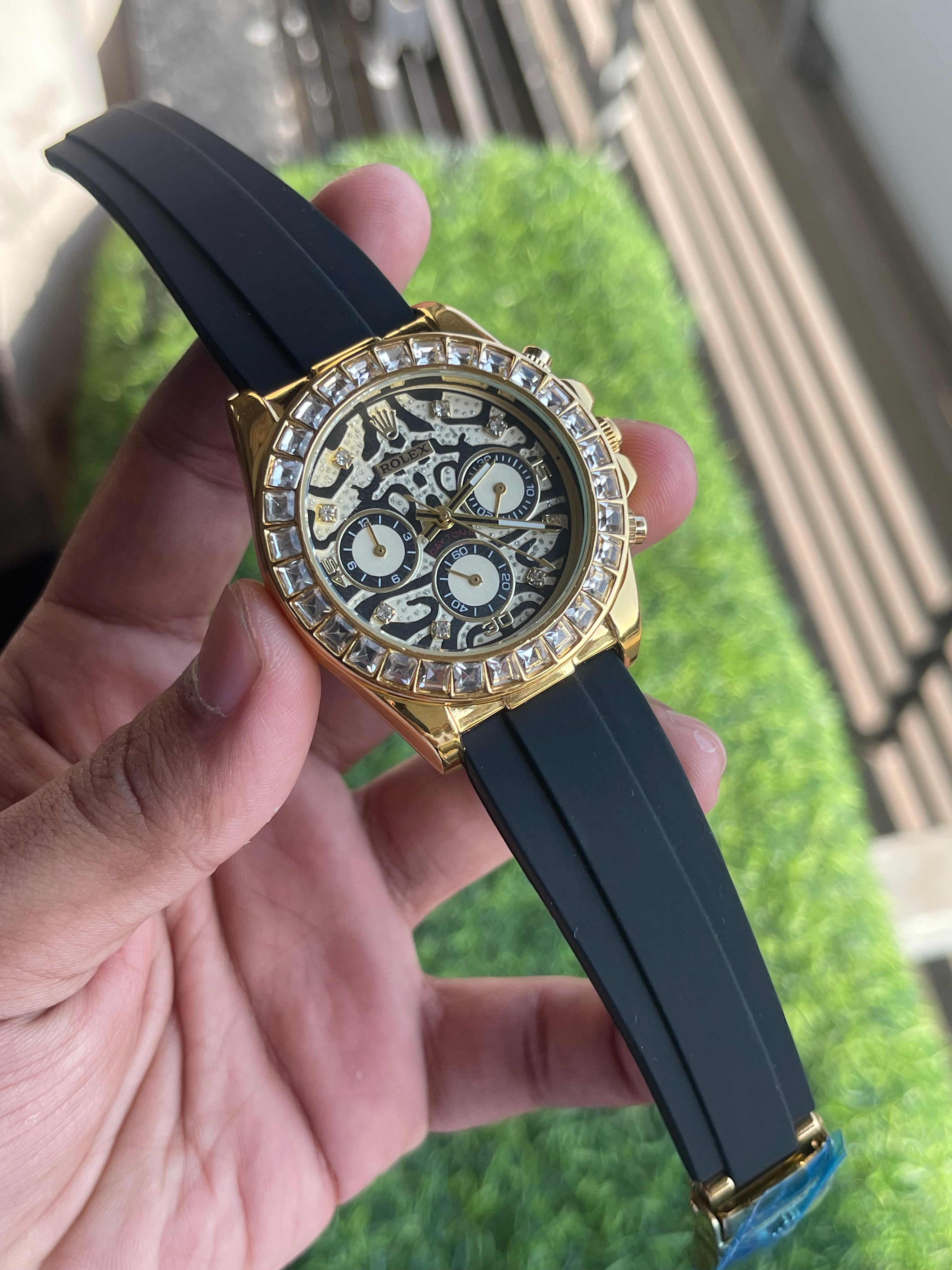 RC RLX Tiger Edition Gold Crystal Chronograph – Royal Black Strap