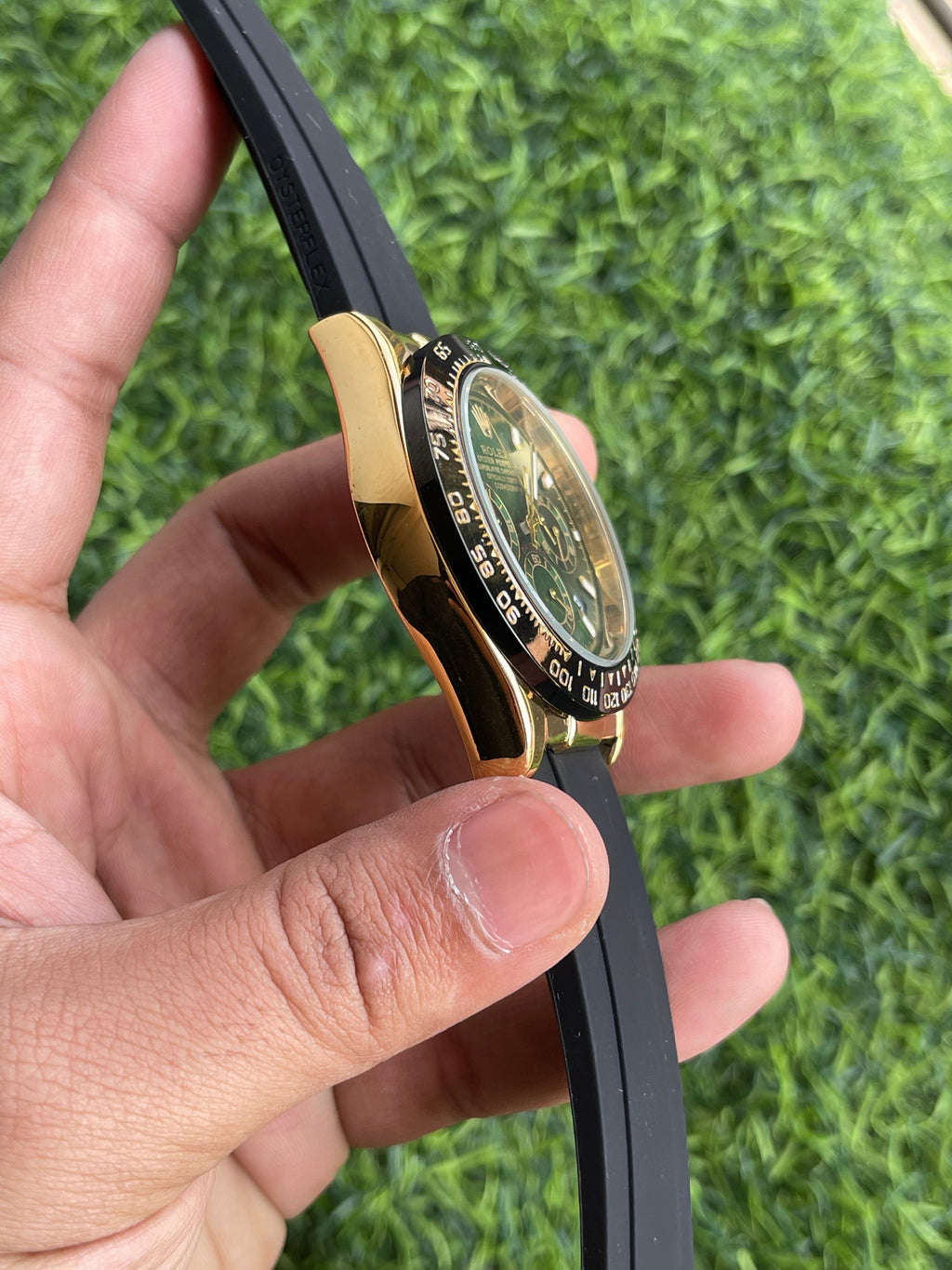RC RLX Oyster Perpetual Daytona – Green Dial | Gold Case | Rubber Strap Edition