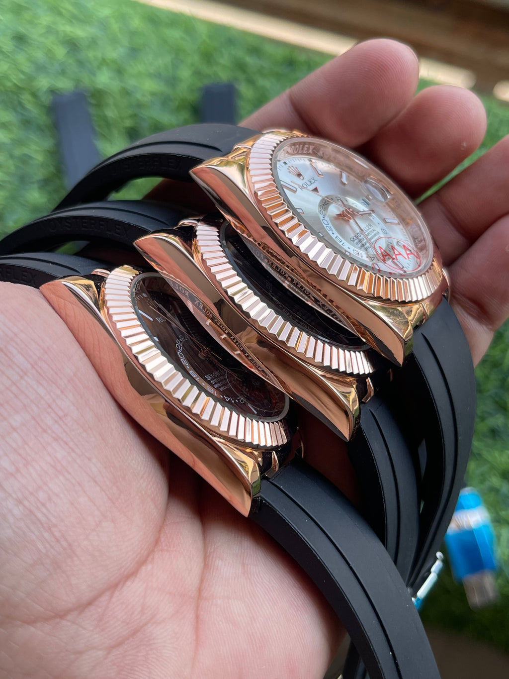 RC RLX Sky-Dweller–Style Silver Dial Quartz Watch with Rose-Gold Fluted Bezel