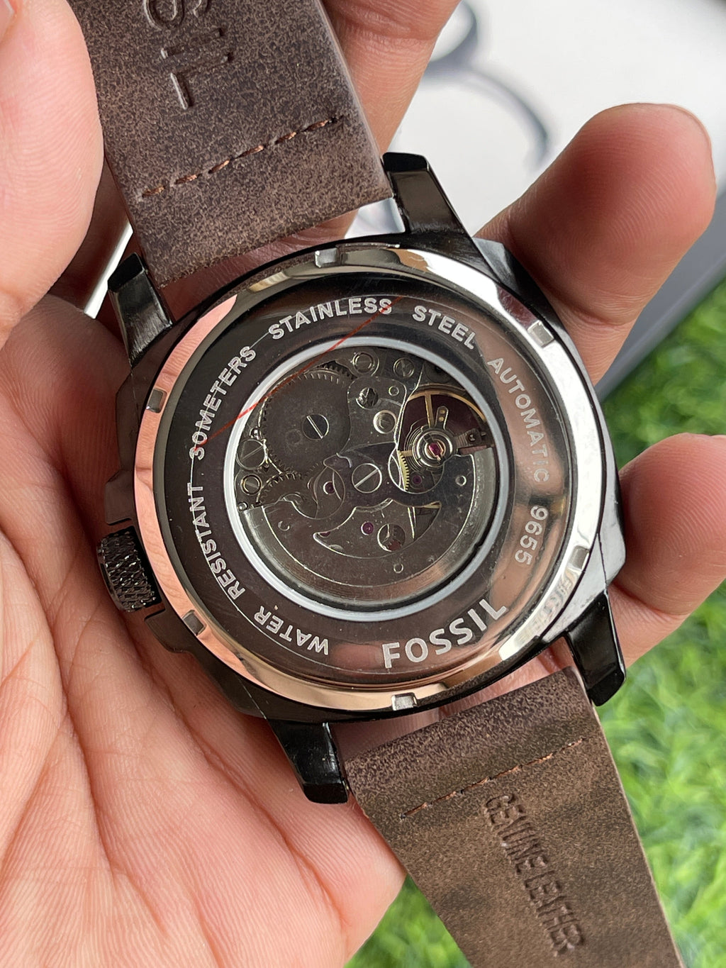 RC Fossiil Skeleton Automatic Watch Combo – Black Metal Chain & Brown Leather Strap
