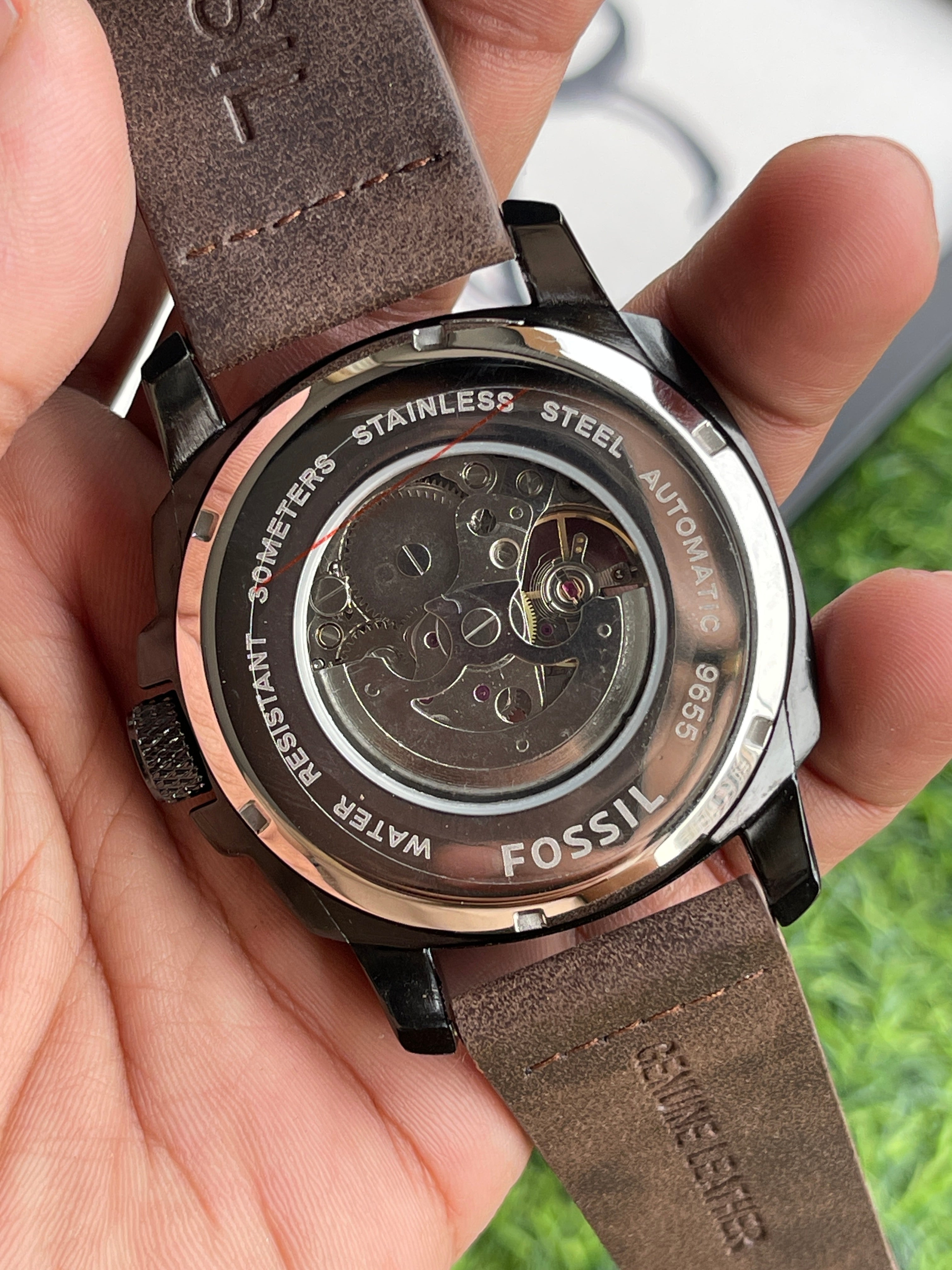 RC Fossiil Skeleton Automatic Watch Combo – Black Metal Chain & Brown Leather Strap