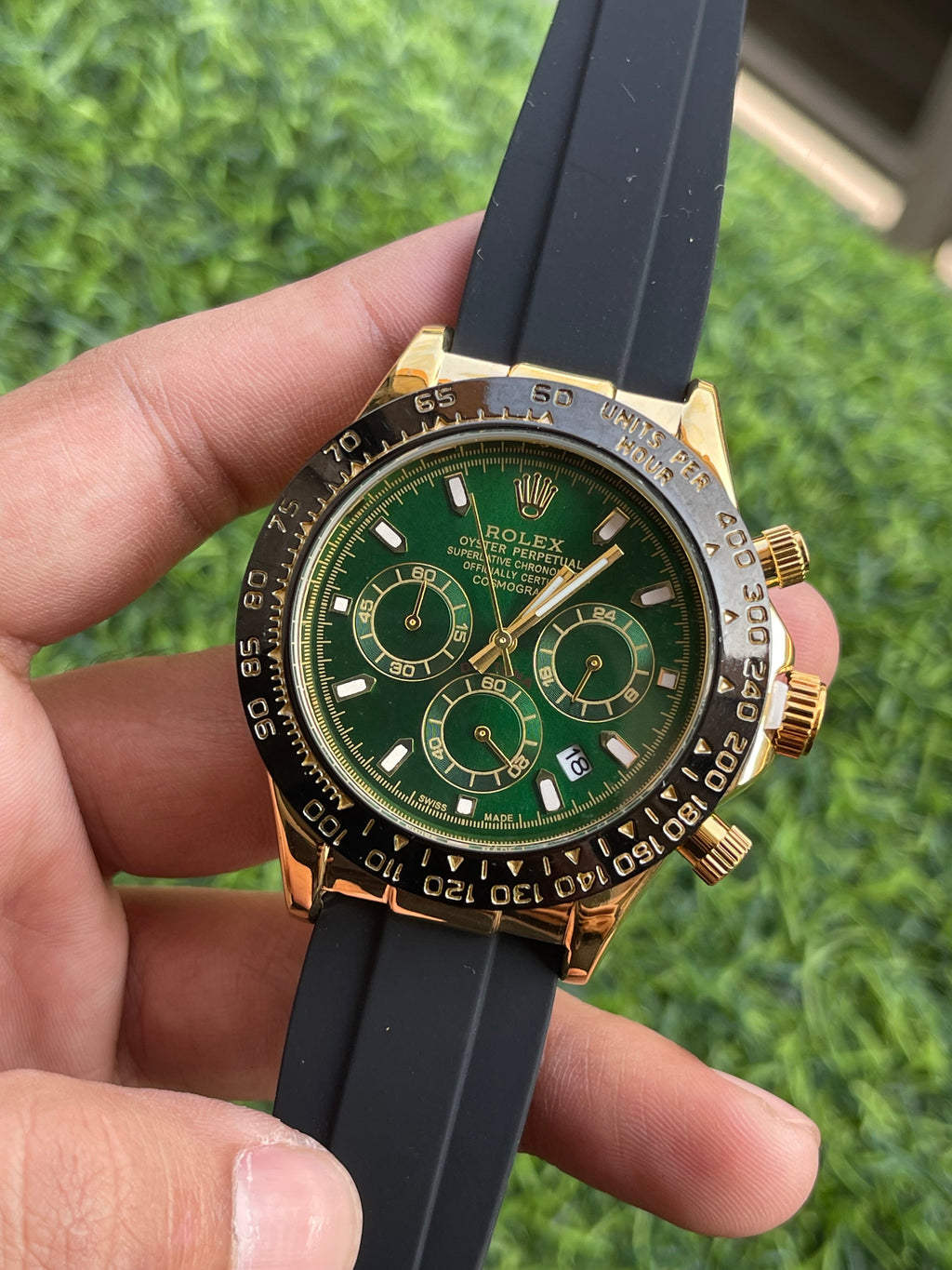 RC RLX Oyster Perpetual Daytona – Green Dial | Gold Case | Rubber Strap Edition