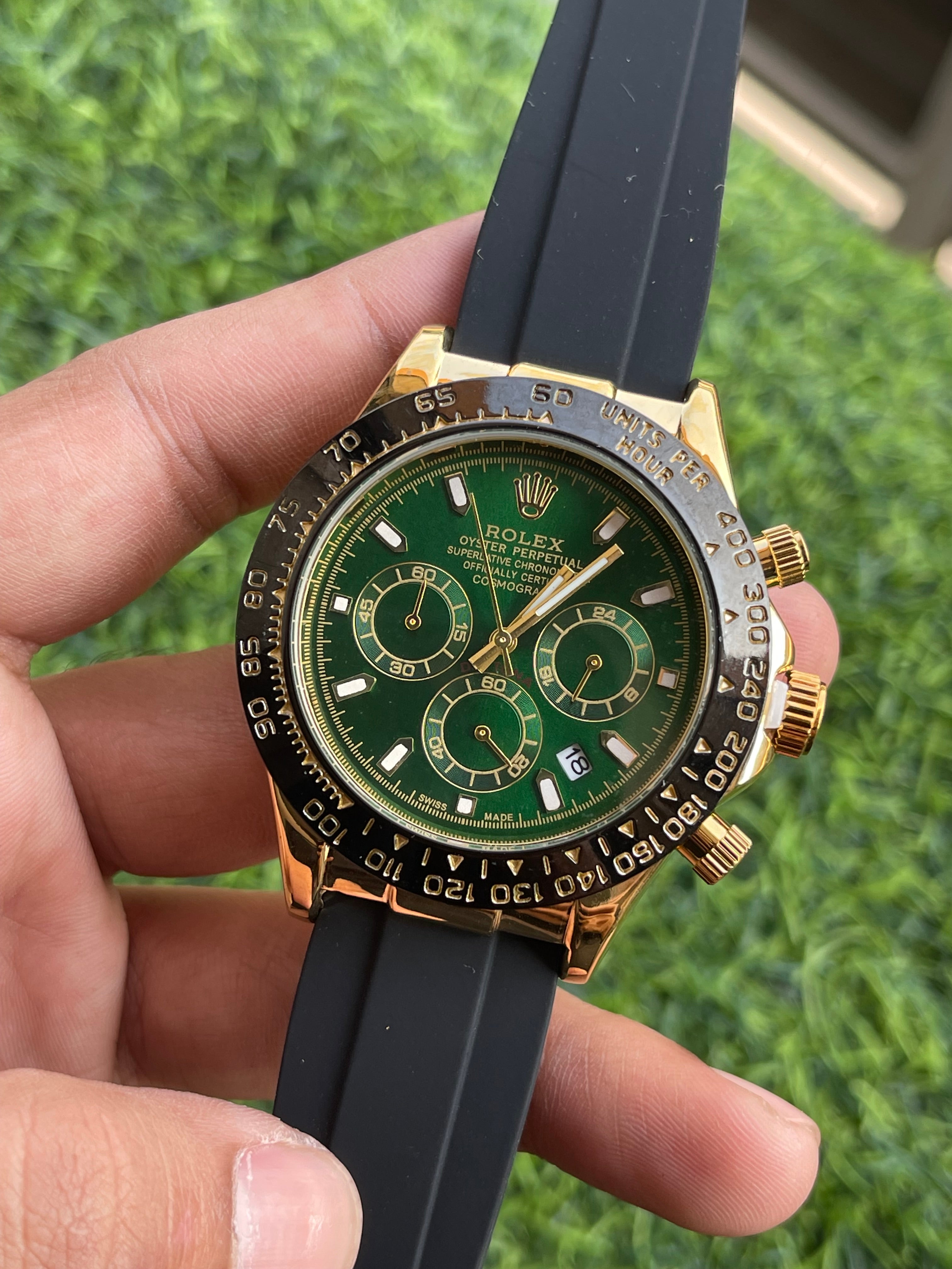 RC RLX Oyster Perpetual Daytona – Green Dial | Gold Case | Rubber Strap Edition