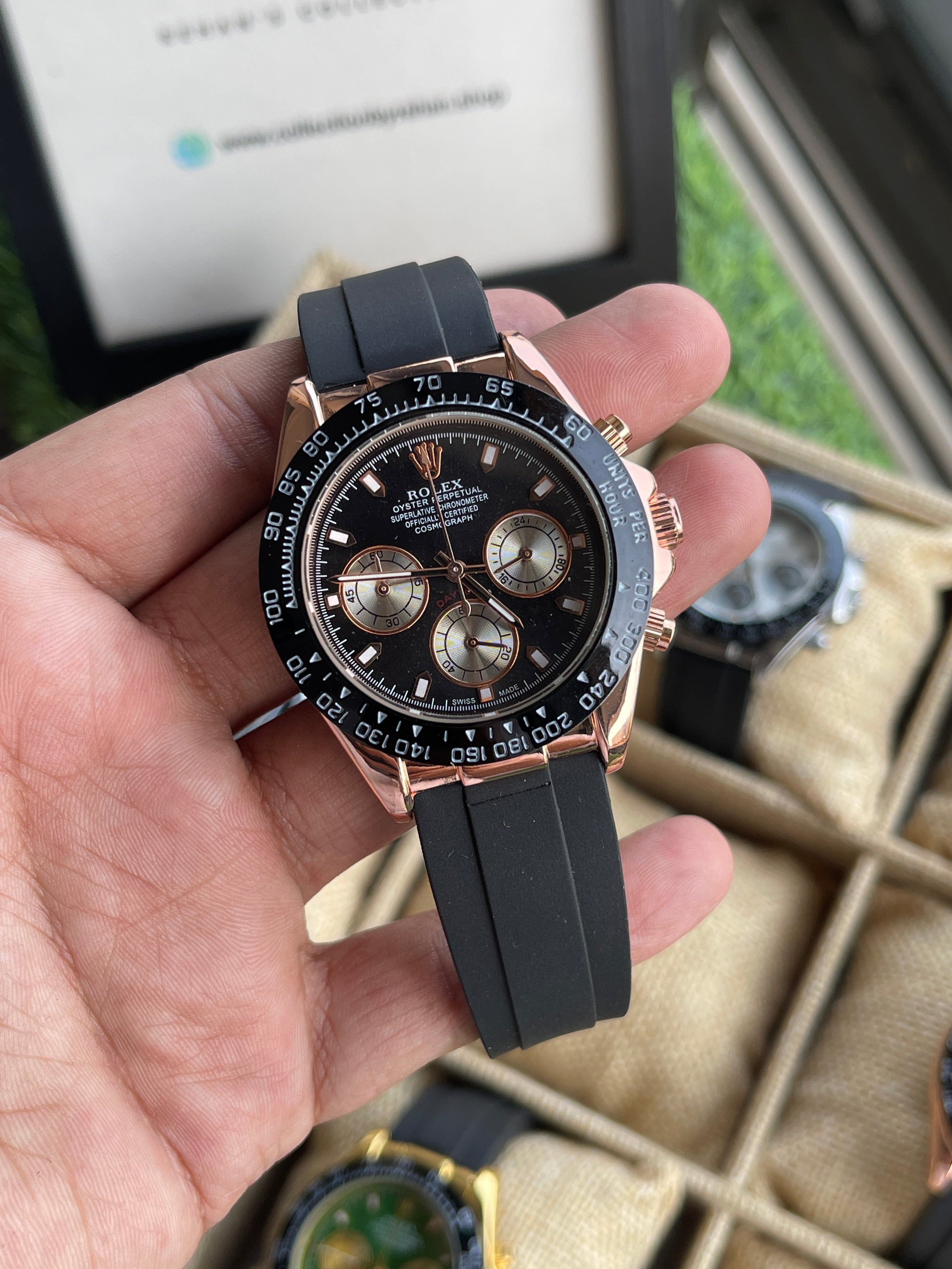 RC RLX Daytona – Rose Gold Case, Black Dial (Quartz Model)