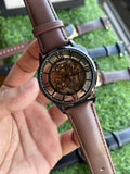 RC Fossiil Skeleton Automatic Watch – Black Case with Brown Leather Strap