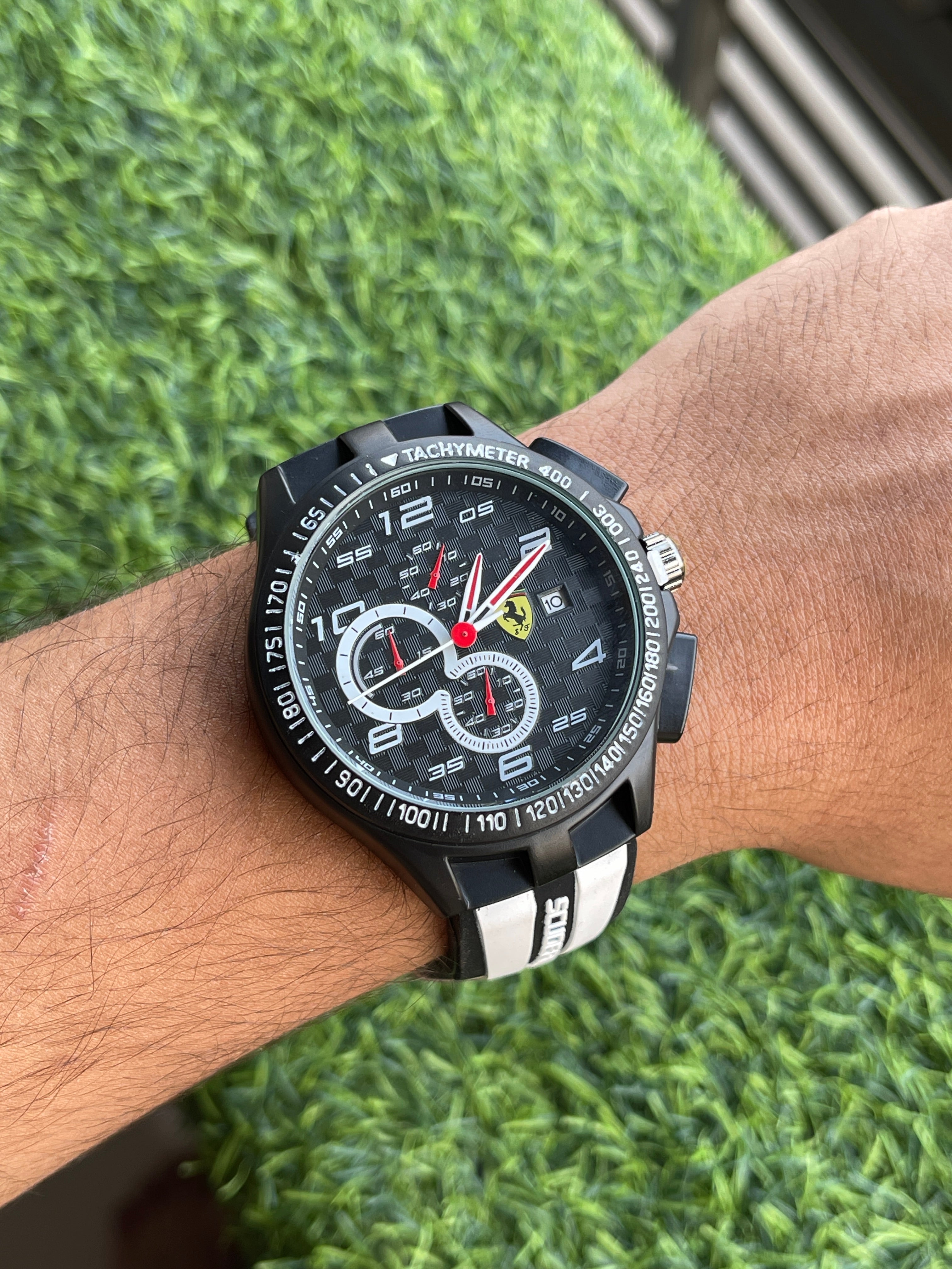 RC Ferrarii Sport Chronograph Style Watch – Black & White Racing Strap