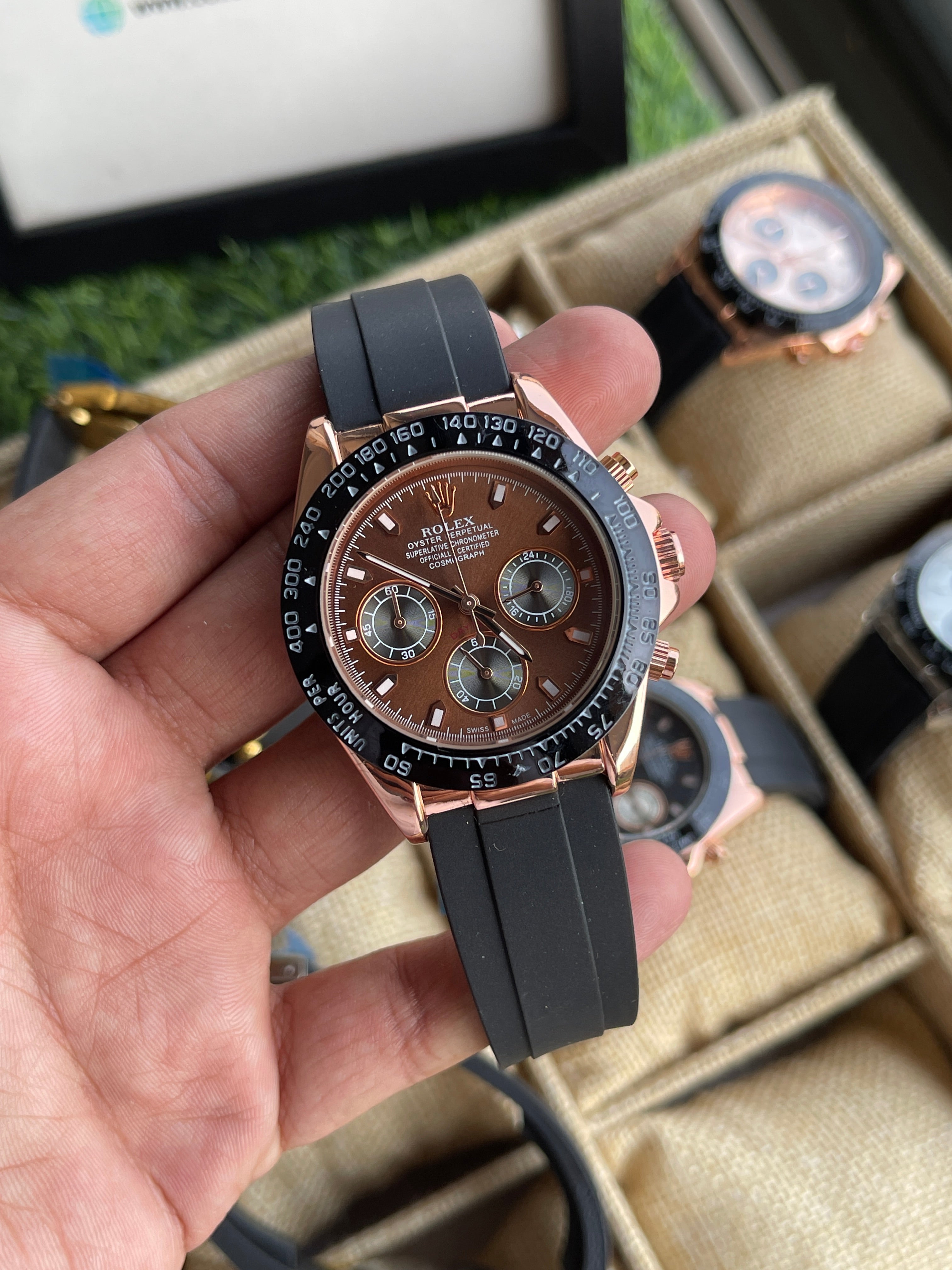RC RLX Daytona – Rose Gold Case, Brown Dial (Quartz Model)