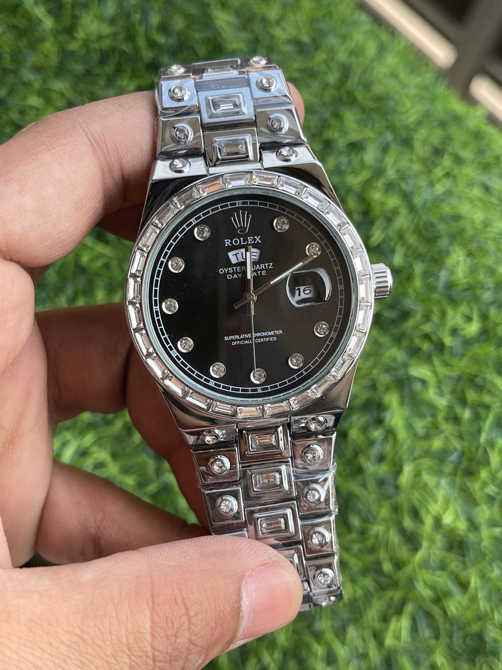 RC RLX Oyster Quartz Day-Date – Black Dial | Fully Diamond-Styled Edition