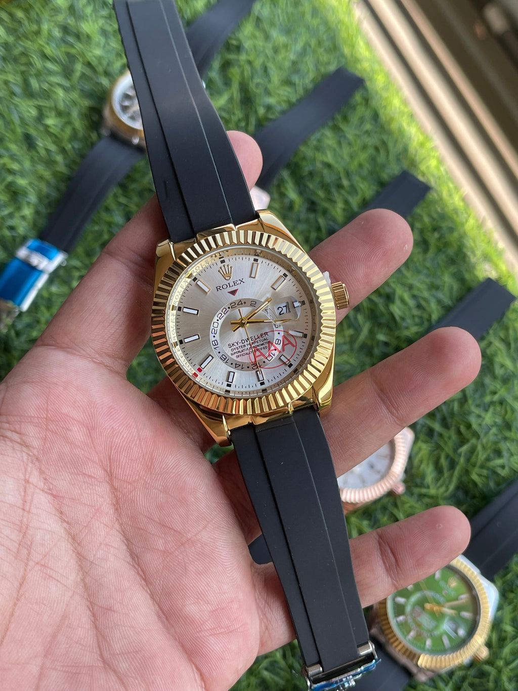 RC RLX Sky-Dweller Style Men’s Watch – Gold Finish with White Dial & Black Rubber Strap