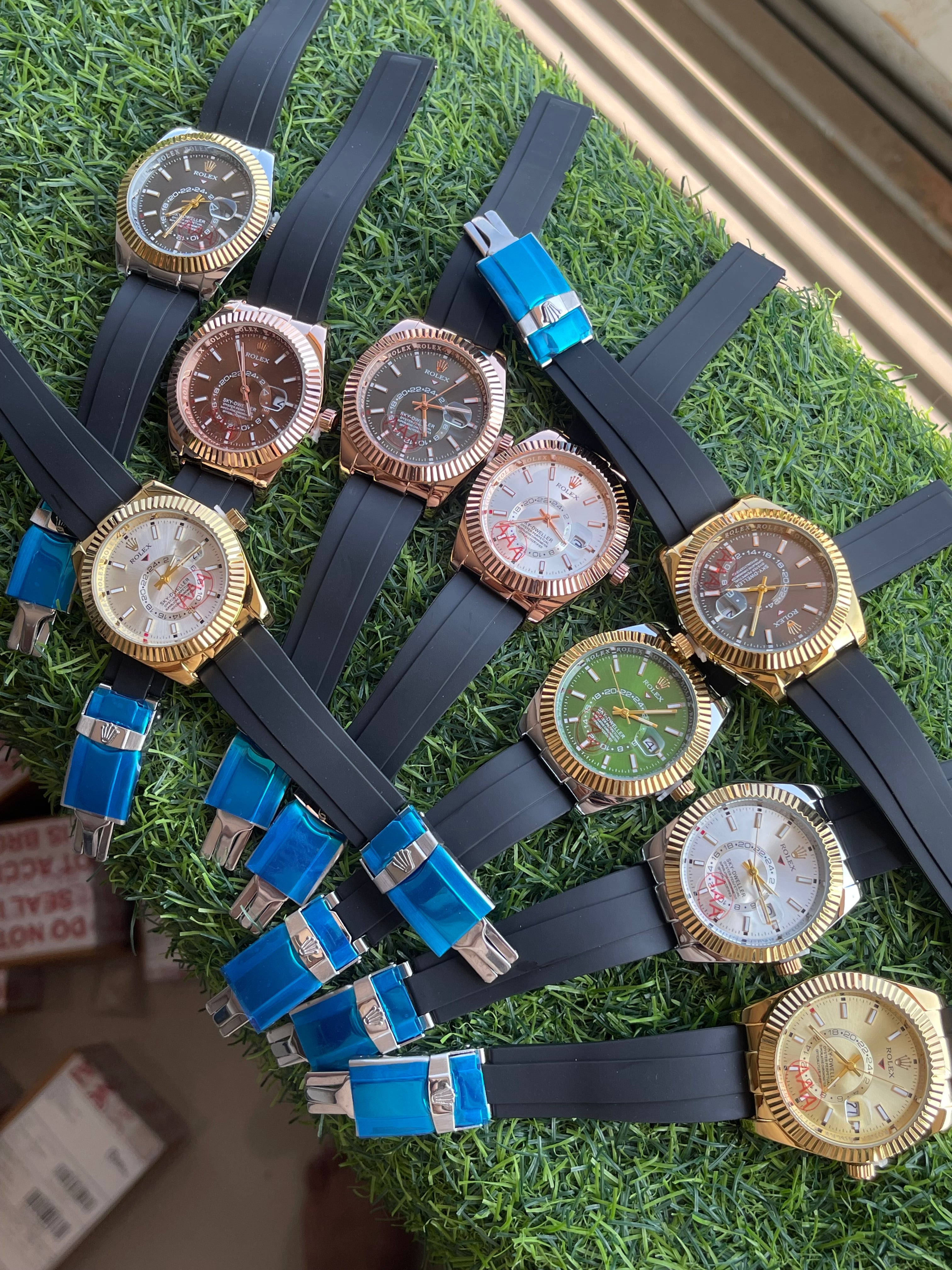 RC RLX Sky-Dweller–Style Brown Dial Quartz Watch with Rose-Gold Fluted Bezel