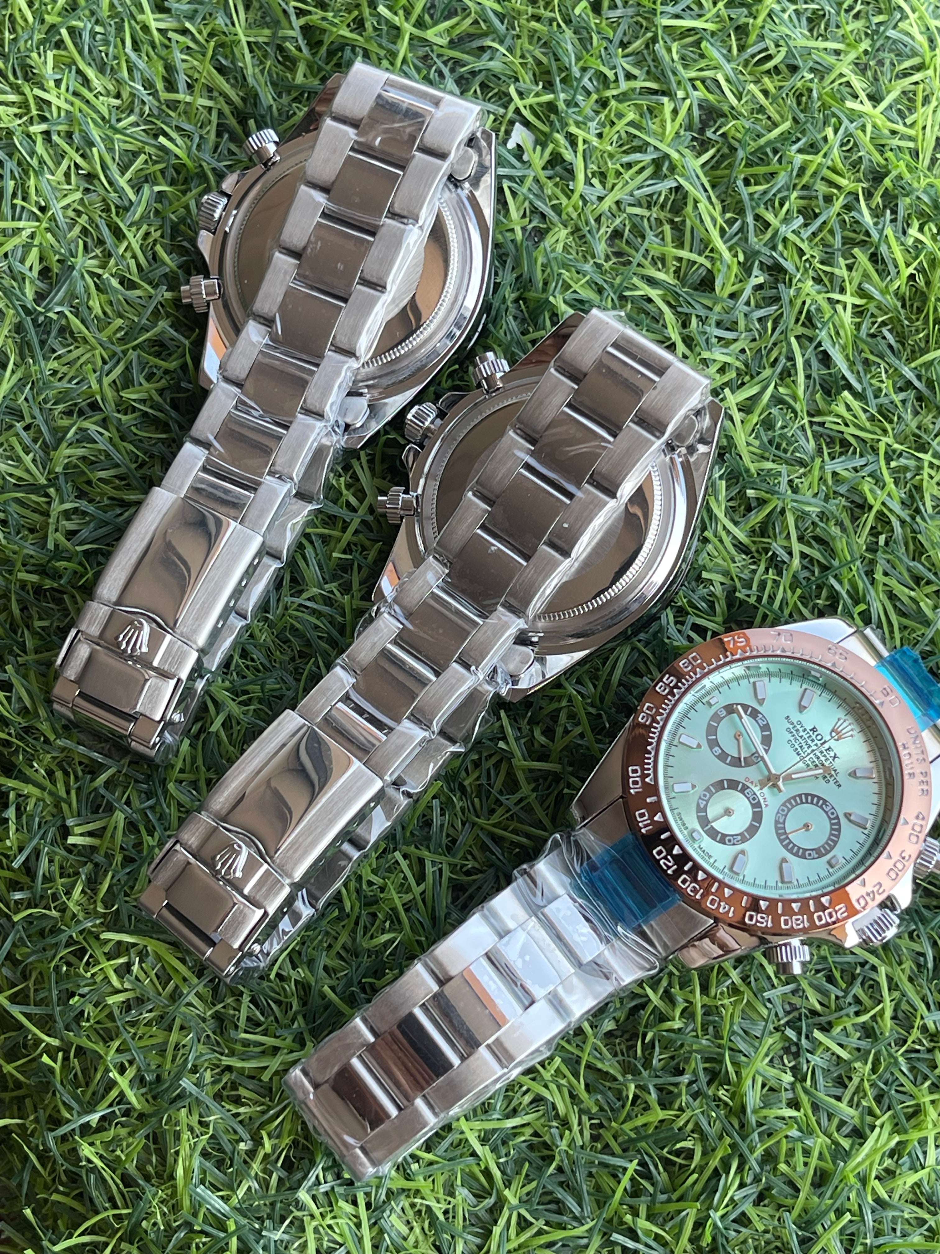 RC RLX Luxury Chronograph Stainless Steel Watch – Ice Blue Dial with Rose Gold Bezel (Daytona-Style)