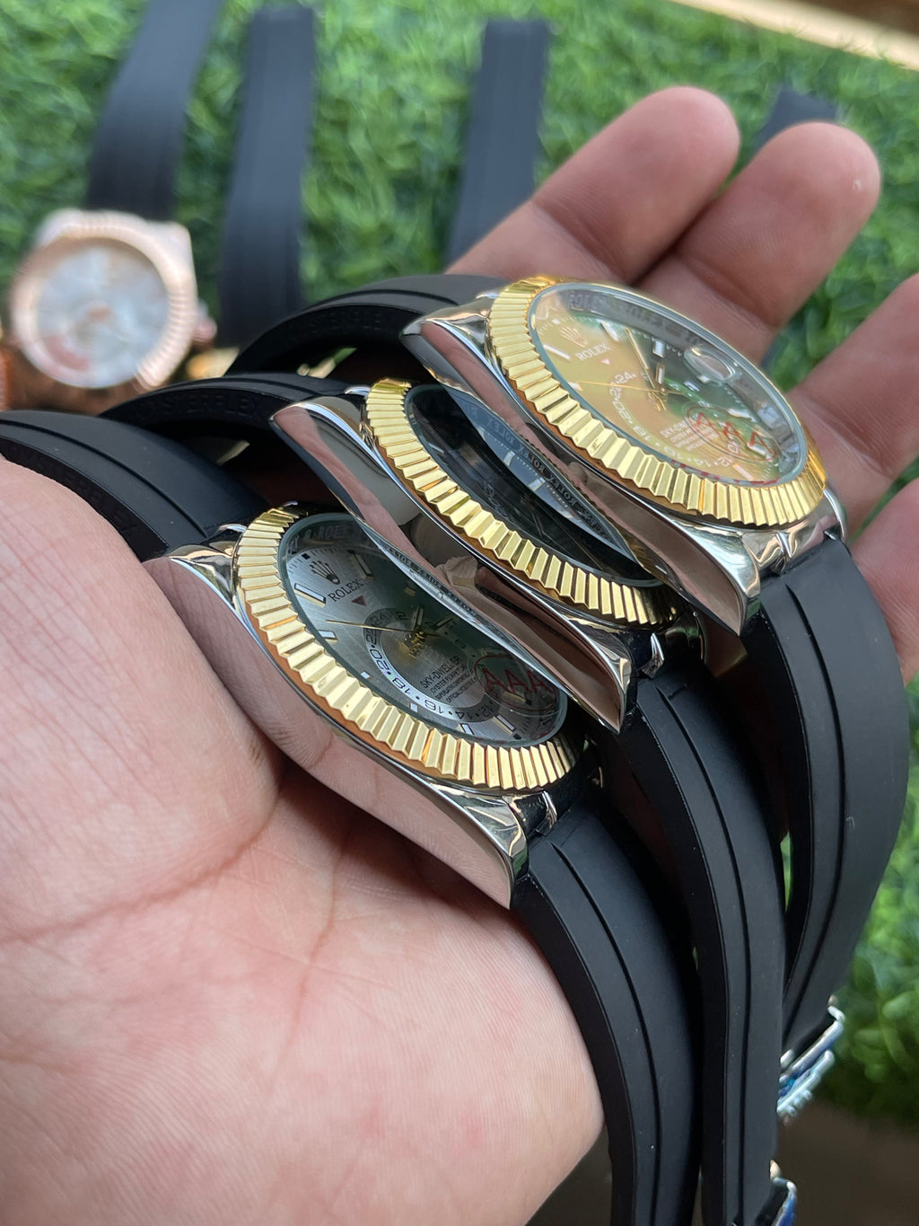 RC RLX Sky-Dweller Style Quartz Watch – Black Dial with Gold Fluted Bezel