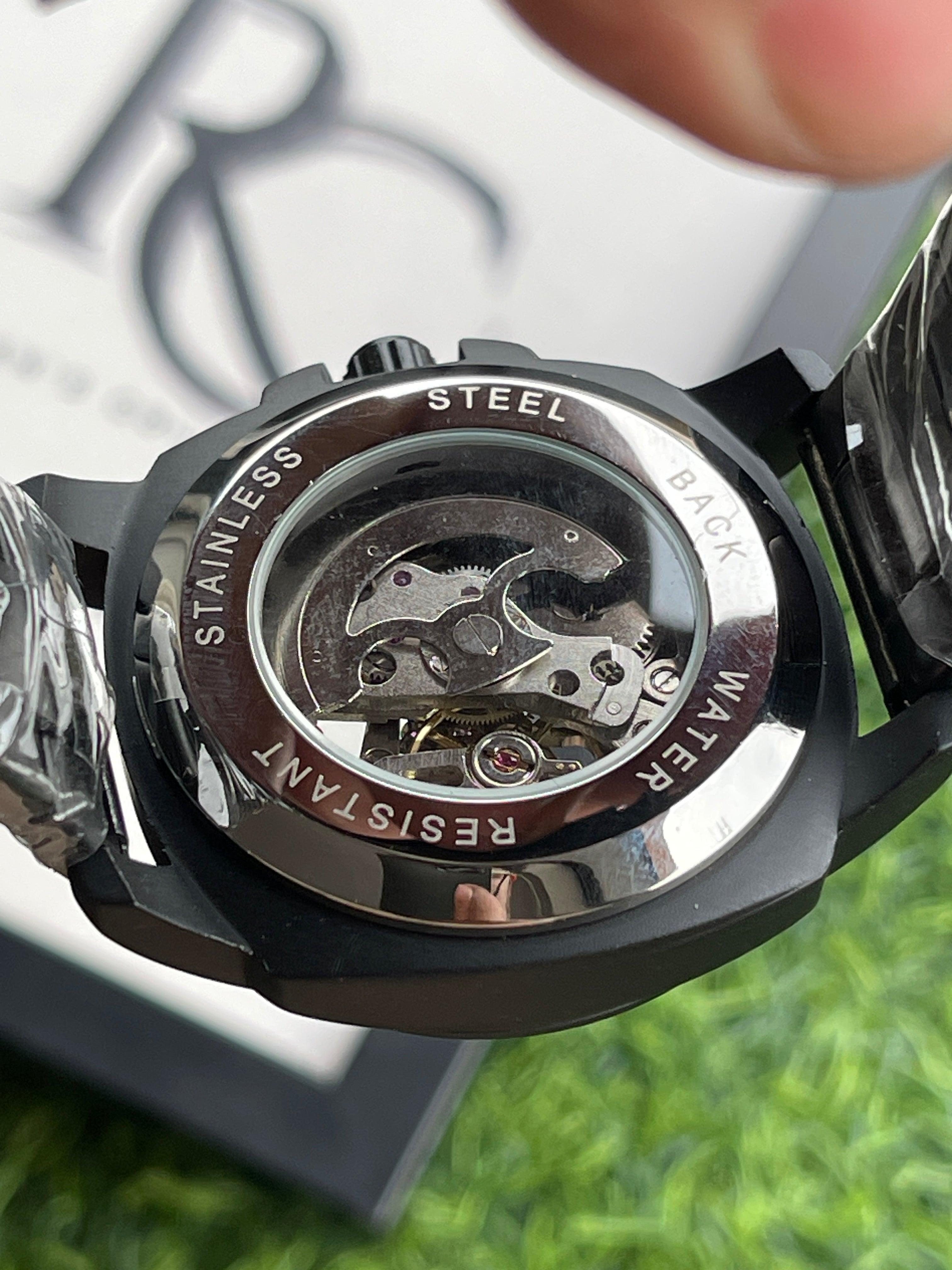 RC Fossiil Black Skeleton Automatic Watch with Black Metal Chain