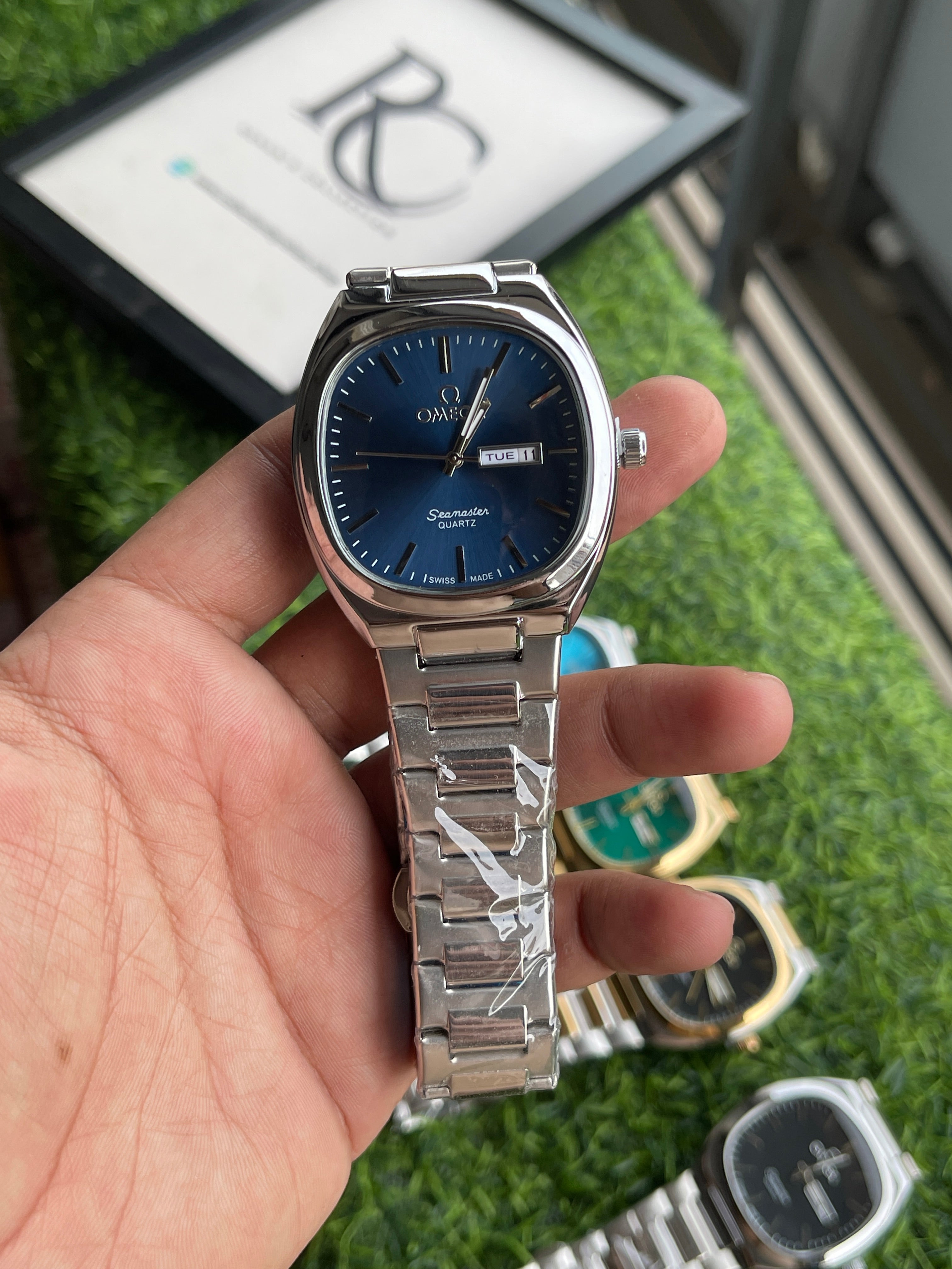 RC Omegaa Dark Blue Dial Quartz Watch with Silver Stainless Steel Chain