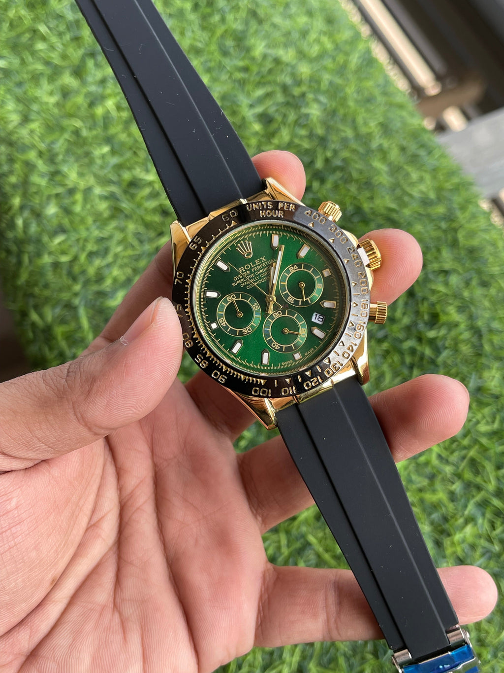 RC RLX Oyster Perpetual Daytona – Green Dial | Gold Case | Rubber Strap Edition